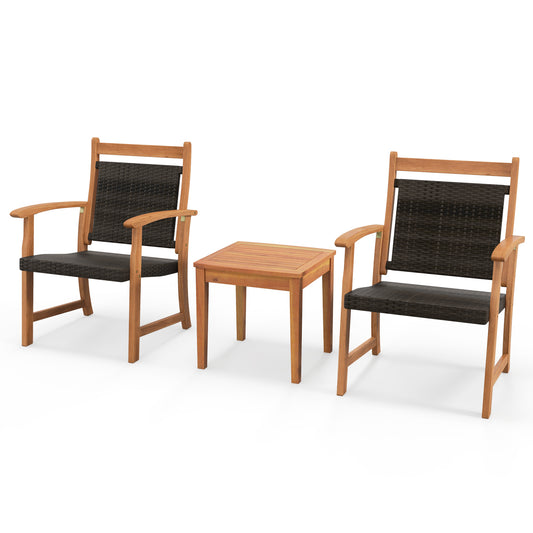 3-Piece Rattan Bistro Set, Acacia Wood Frame, Brown Patio Conversation Sets Brown at Gallery Canada