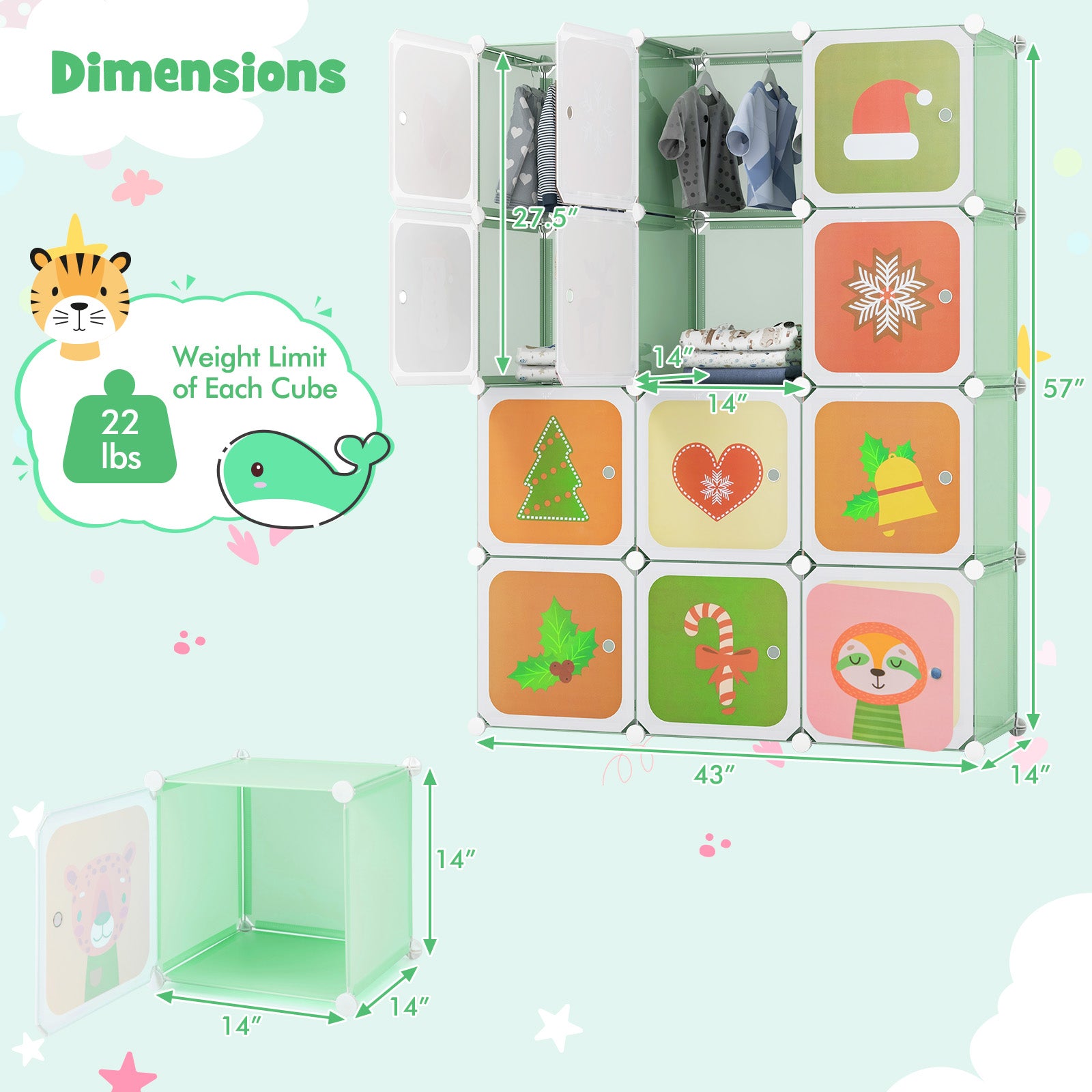 12 Cube Kids Wardrobe Closet With Hanging Section, Doors, Green Kids Storage at Gallery Canada