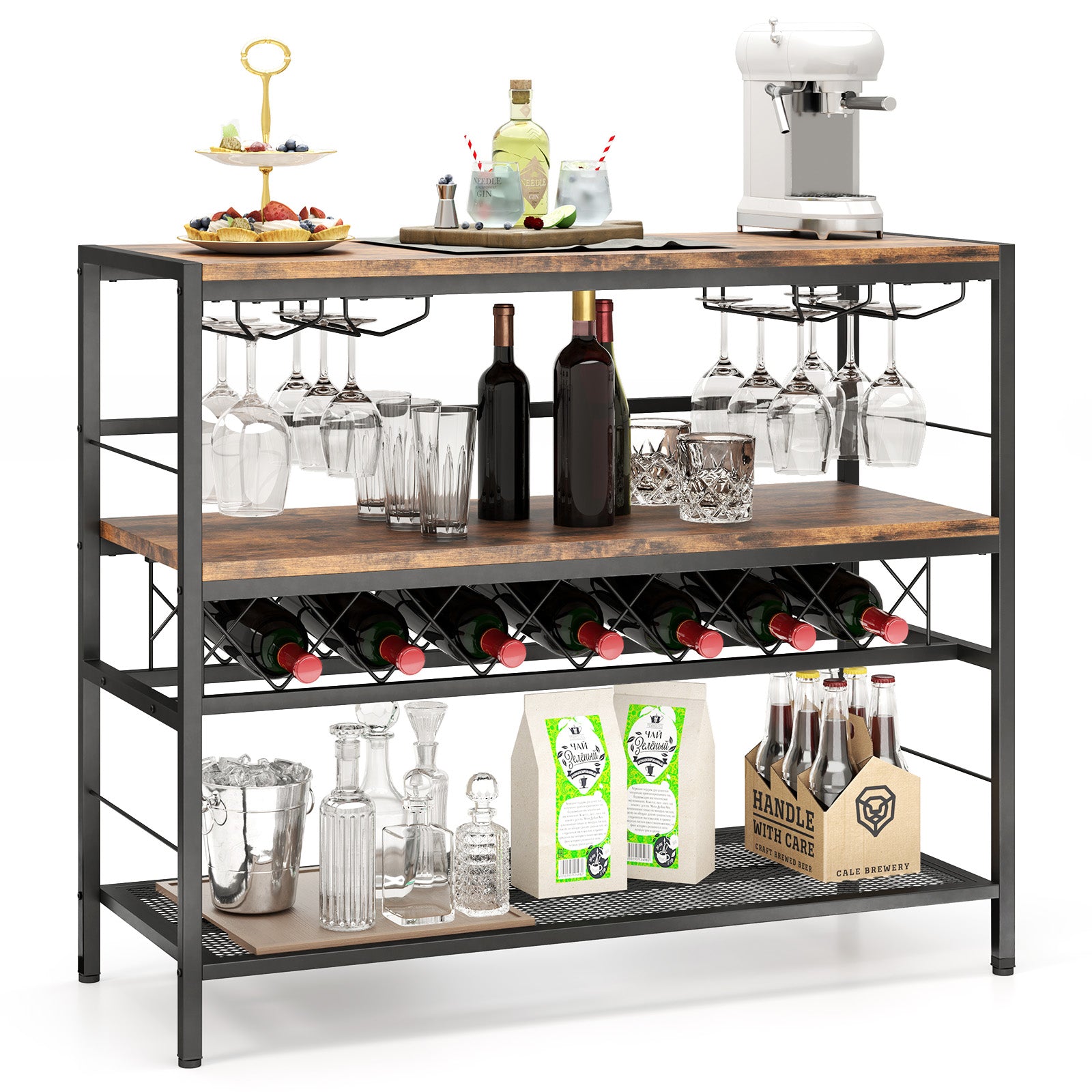 41 Inch 4-Tier Bar Table, Wine Rack, 4 Glass Holders, Rustic Brown Wine Racks at Gallery Canada