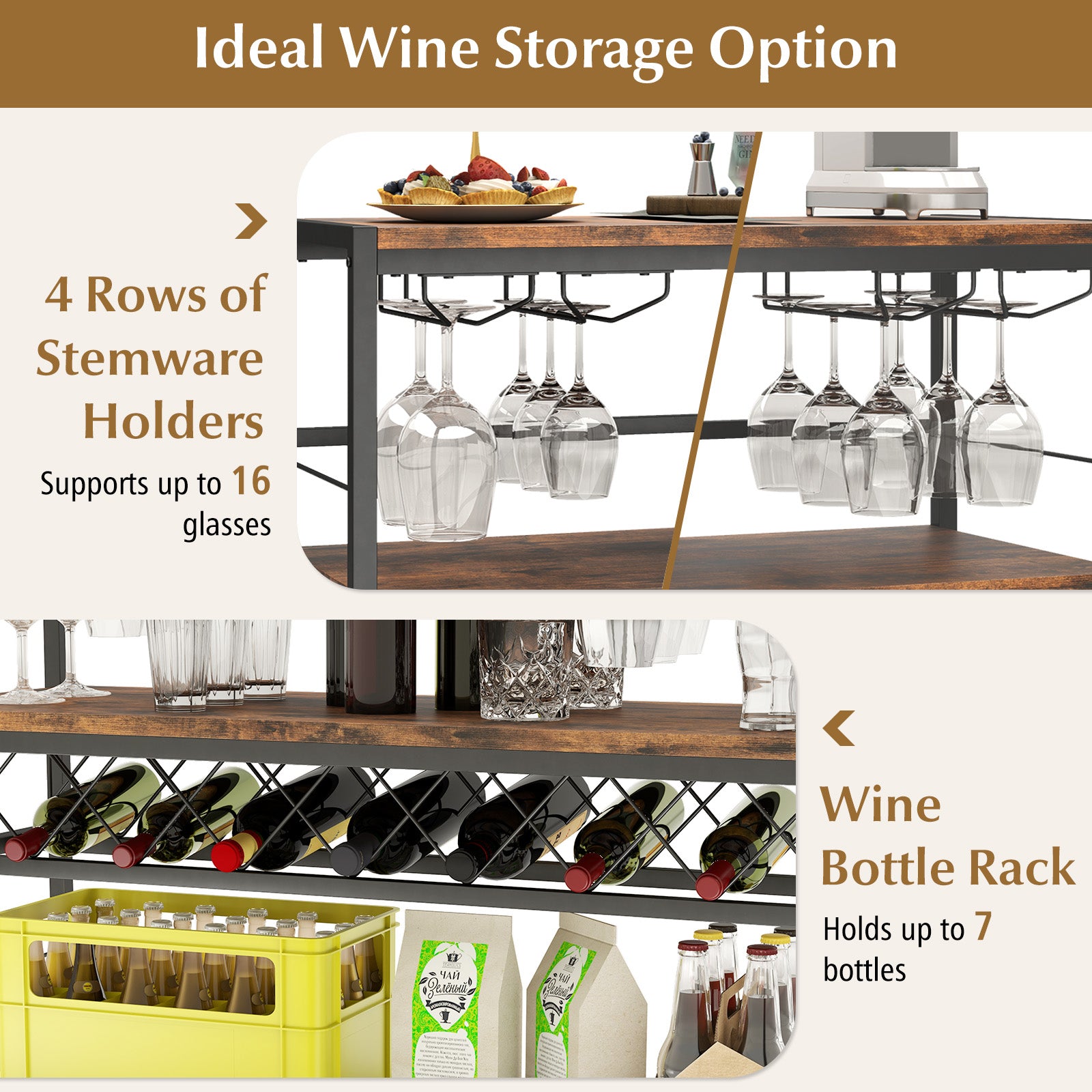 41 Inch 4-Tier Bar Table, Wine Rack, 4 Glass Holders, Rustic Brown Wine Racks at Gallery Canada