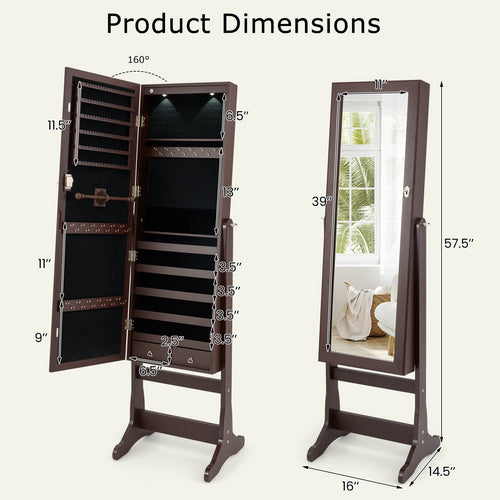 Lockable Mirrored Jewelry Cabinet With Stand And Led Lights, Brown