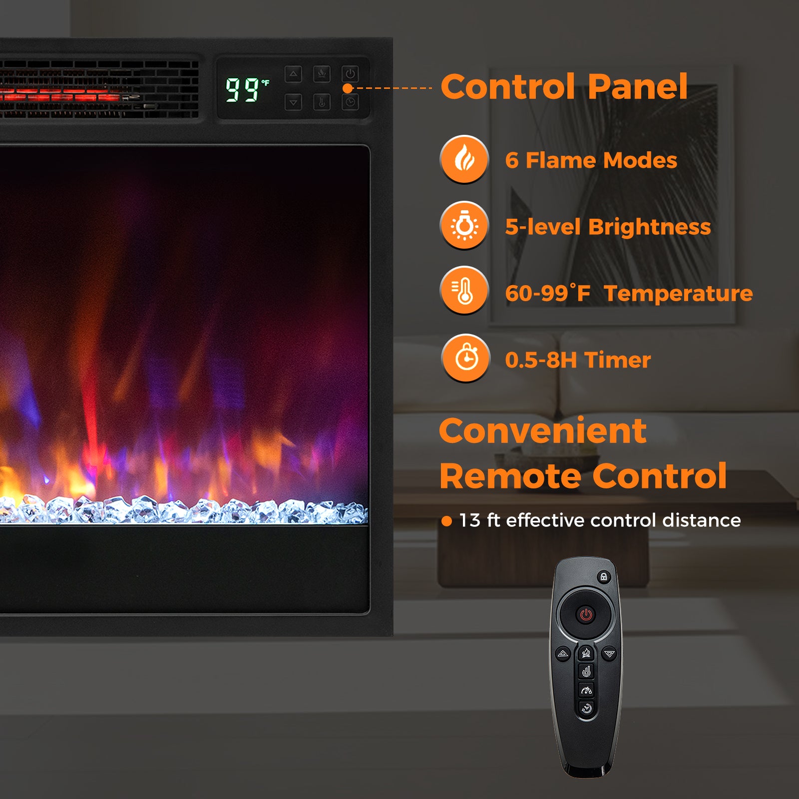 23 Inch 1500W Recessed Electric Fireplace Insert, Remote Control, Black Fireplaces at Gallery Canada