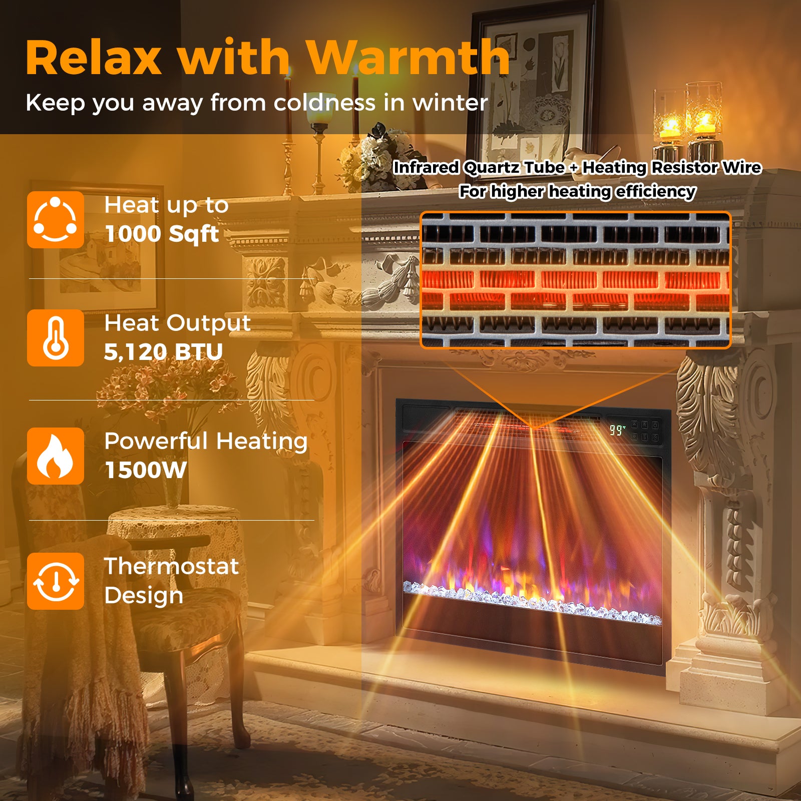 23 Inch 1500W Recessed Electric Fireplace Insert, Remote Control, Black Fireplaces at Gallery Canada