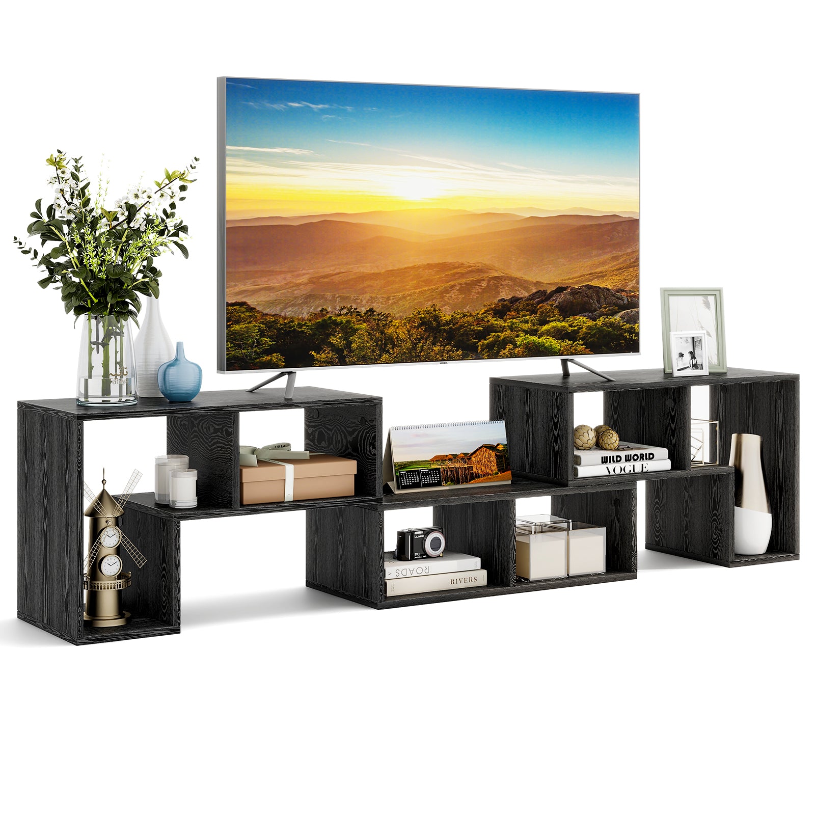 Adjustable TV Stand For 65 Inch TVs, Mixed, Black Wood Grain, Black Entertainment Centers & TV Stands Black Wood Grain at Gallery Canada