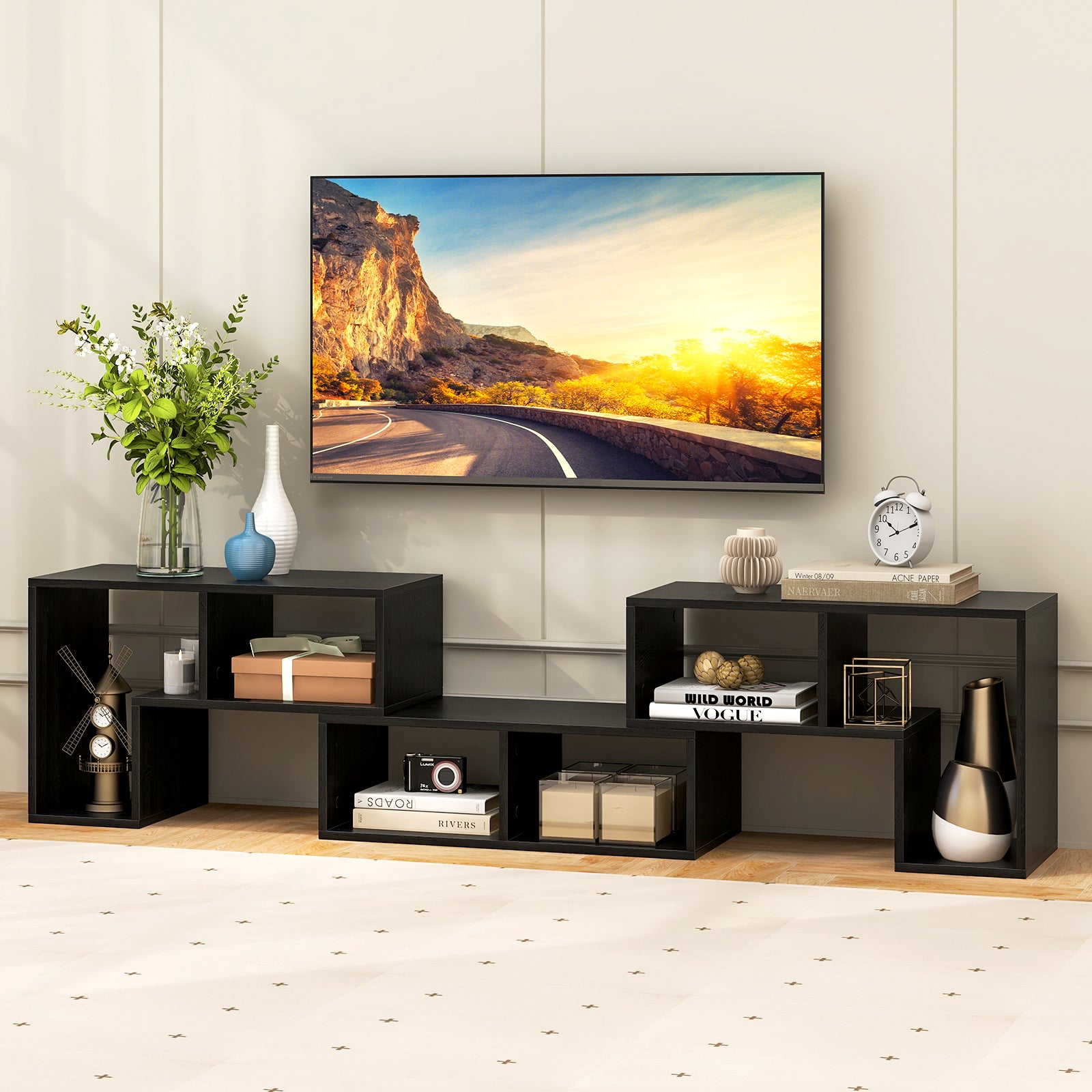 Adjustable TV Stand For 65 Inch TVs, Mixed, Black Wood Grain, Black Entertainment Centers & TV Stands at Gallery Canada