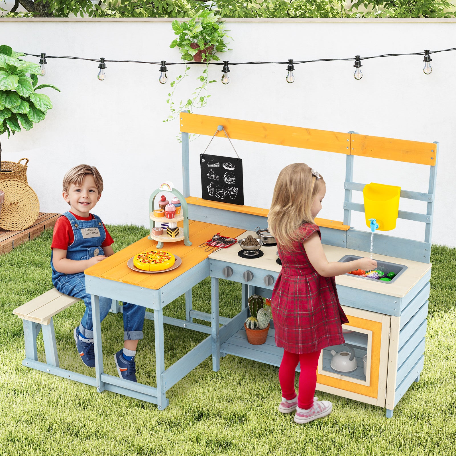 Fir Wood Play Kitchen, Picnic Table, Built-in Bench, Gray Play Kitchen Sets at Gallery Canada