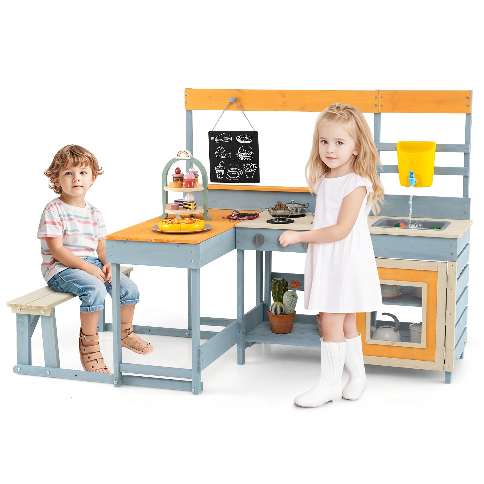 Fir Wood Play Kitchen, Picnic Table, Built-in Bench, Gray Play Kitchen Sets at Gallery Canada