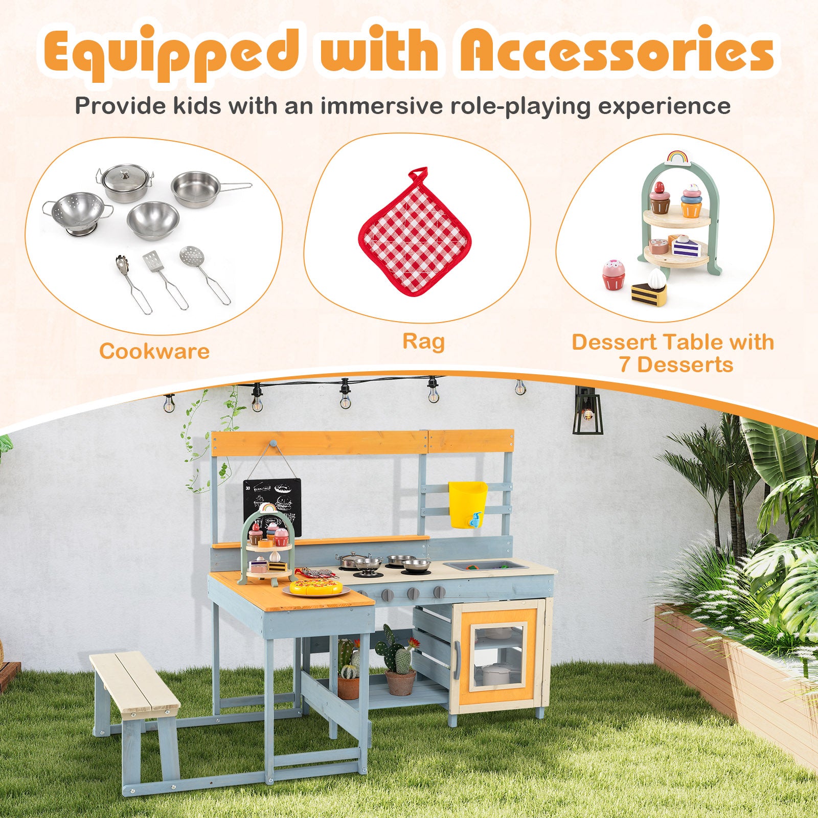 Fir Wood Play Kitchen, Picnic Table, Built-in Bench, Gray Play Kitchen Sets at Gallery Canada