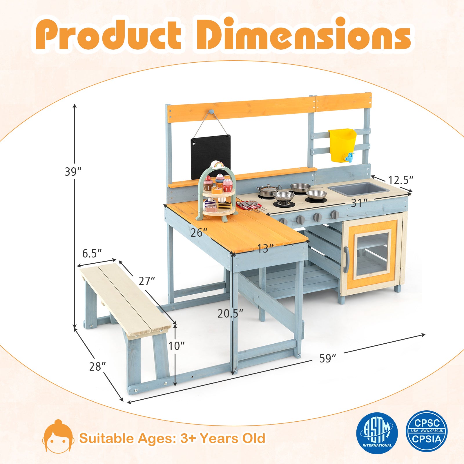 Fir Wood Play Kitchen, Picnic Table, Built-in Bench, Gray Play Kitchen Sets at Gallery Canada