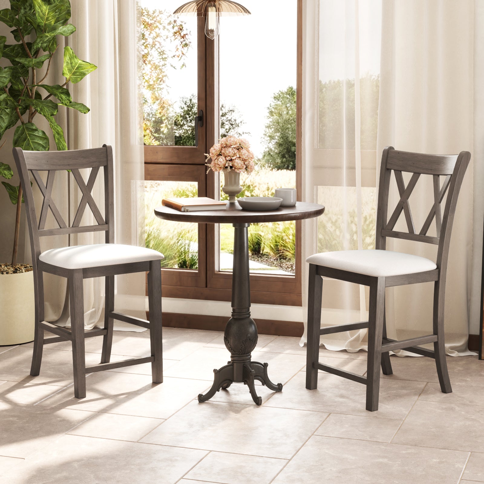 Set of 2 Bar Stools, Cross Back, Linen Fabric Seat, Beige Bar Stools at Gallery Canada