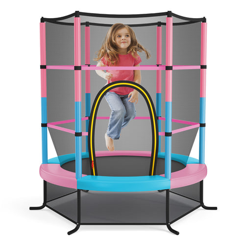 55 Inch Kids Trampoline With Enclosure Net, Pink