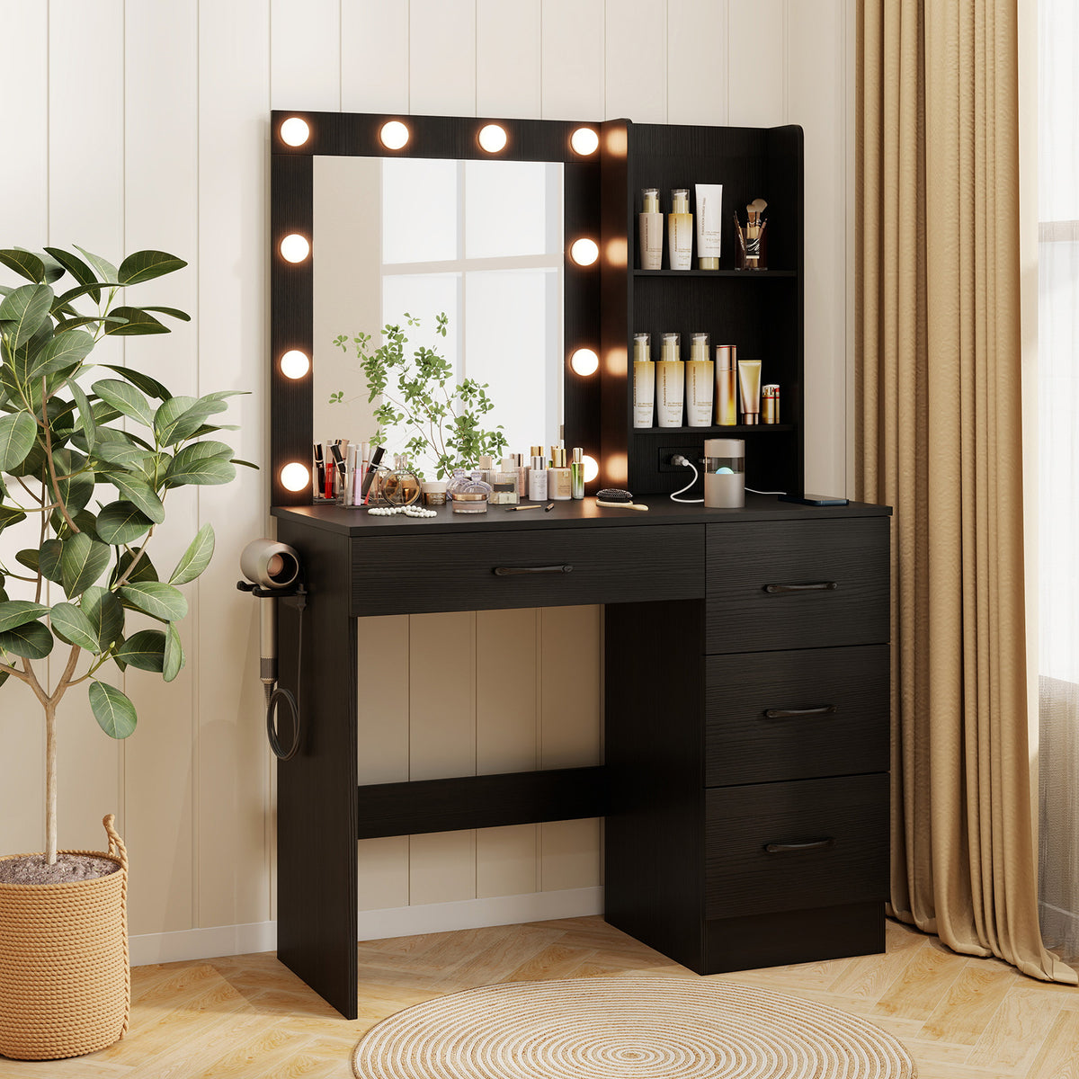 Vanity Desk With 3-Color Lights And Power Outlets, Black Dressers & Chests at Gallery Canada