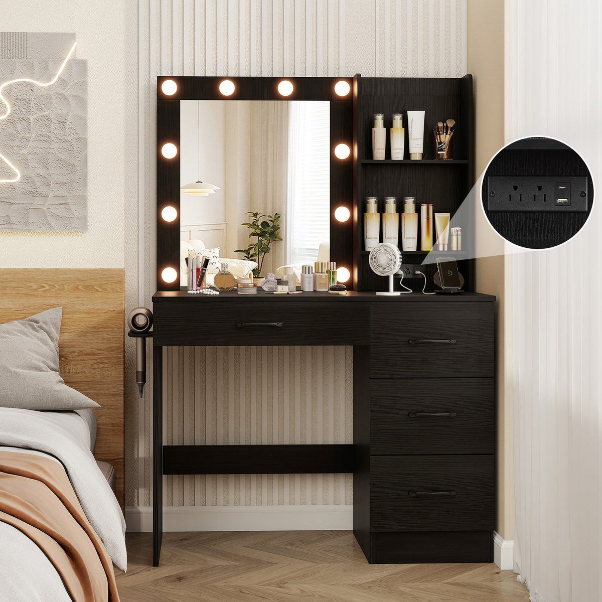 Vanity Desk With 3-Color Lights And Power Outlets, Black Dressers & Chests at Gallery Canada