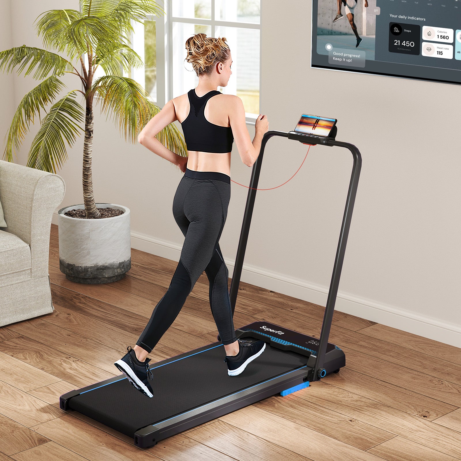 3 In 1 Folding Treadmill With Remote Control, LED Display, Blue Treadmills at Gallery Canada