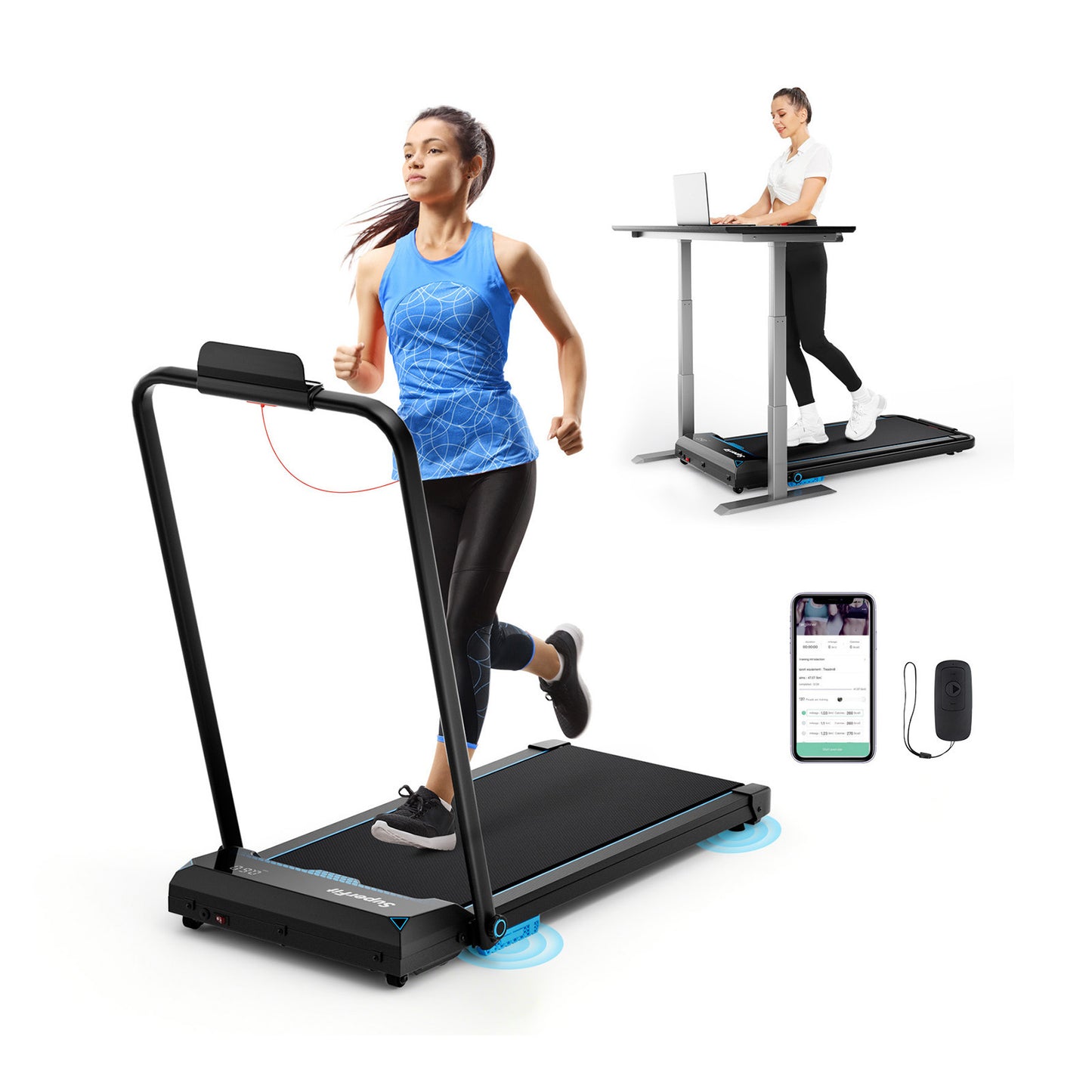 3 In 1 Folding Treadmill With Remote Control, LED Display, Blue Treadmills Blue at Gallery Canada