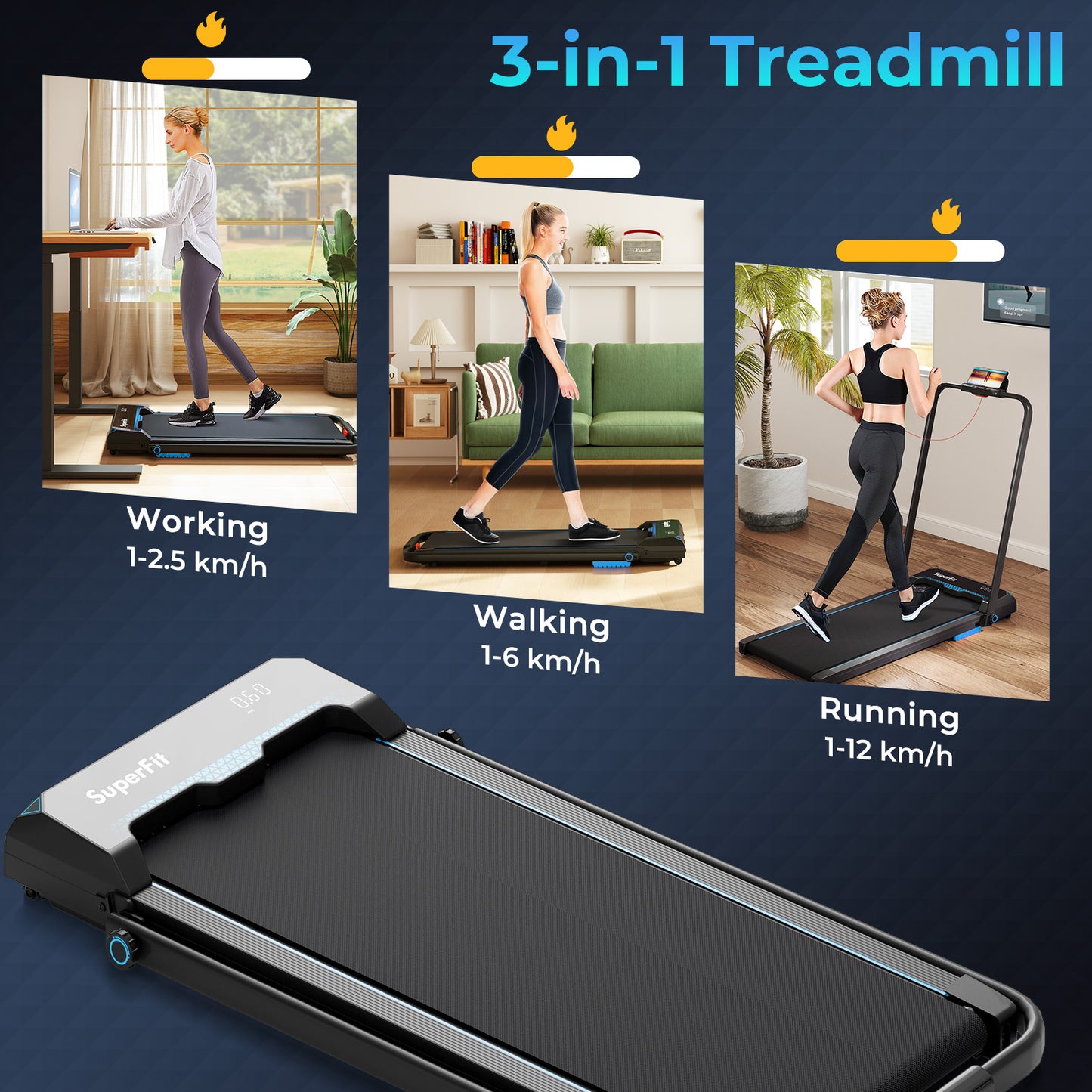3 In 1 Folding Treadmill With Remote Control, LED Display, Blue Treadmills at Gallery Canada