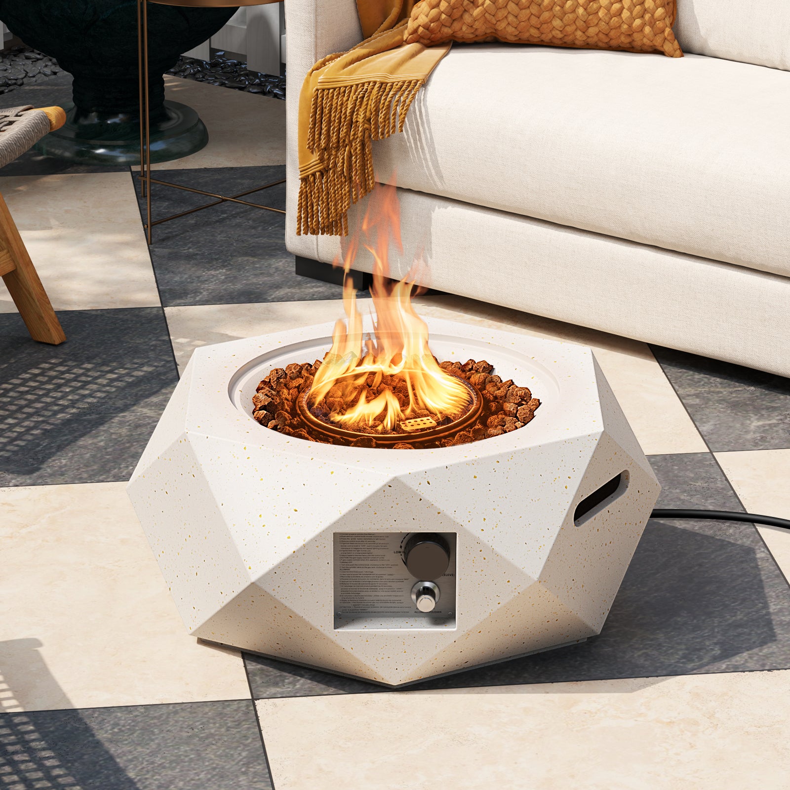 28 Inch Hexagon Terrazzo Propane Fire Pit Table, 40000 BTU, White Fire Pit Tables at Gallery Canada