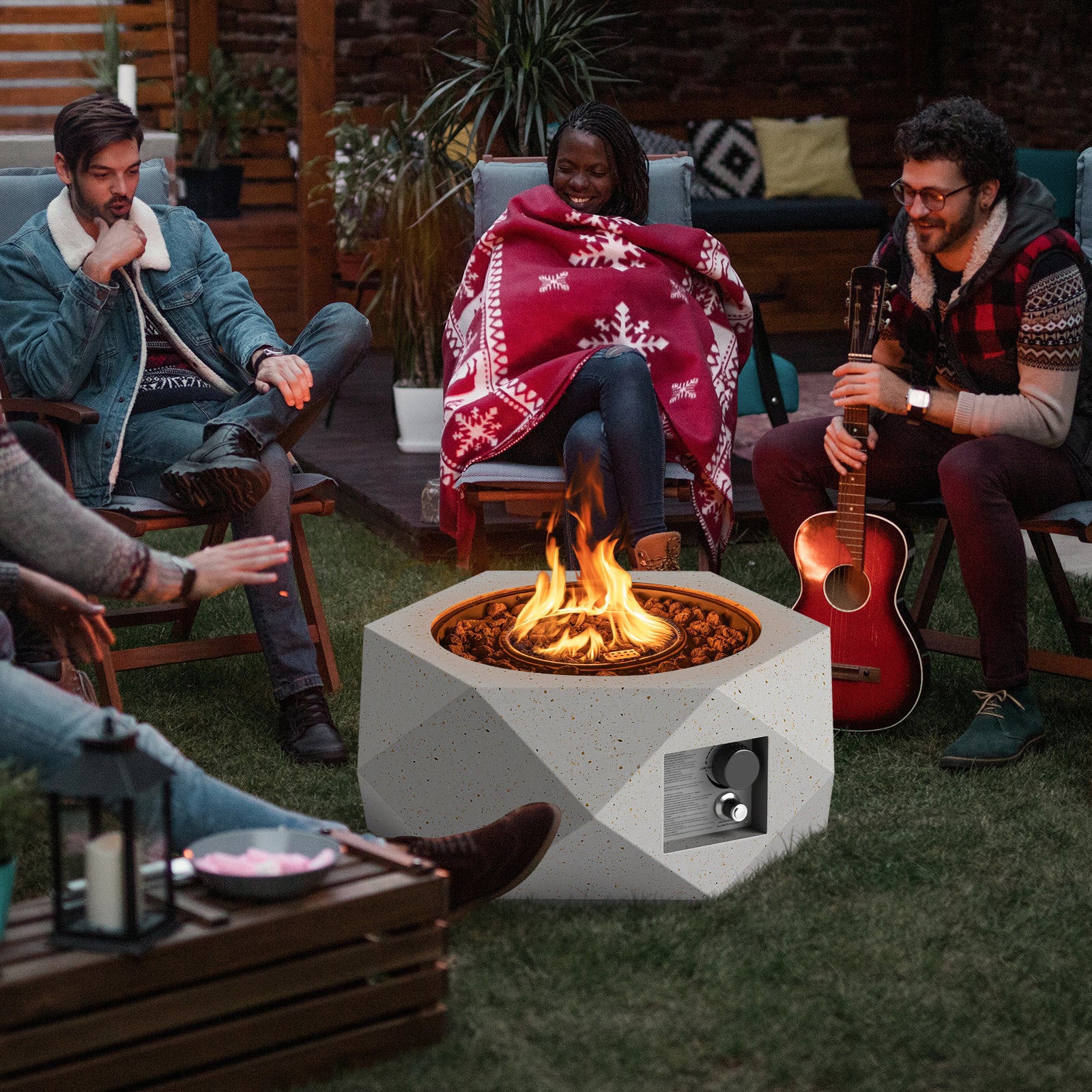 28 Inch Hexagon Terrazzo Propane Fire Pit Table, 40000 BTU, White Fire Pit Tables at Gallery Canada