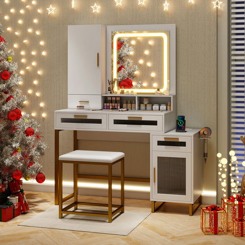 Makeup Vanity Desk With Lighted Mirror, White