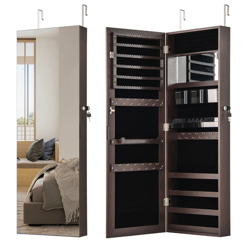 43.5 Inch Jewelry Mirror Cabinet, Full Length Mirror, Adjustable Hangers, Dark Brown
