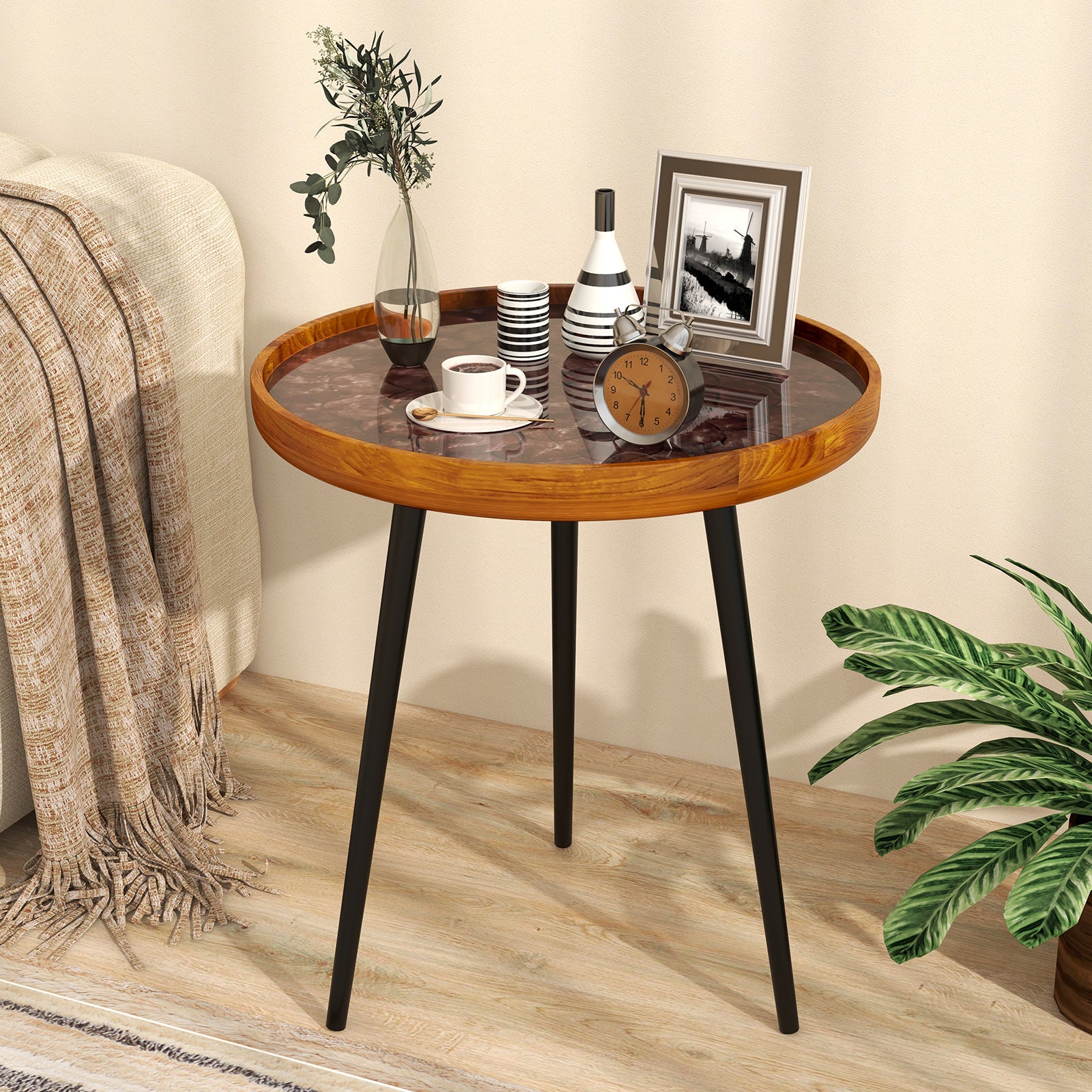 20 Inch Round End Table, Sea Shell Epoxy Resin Finish, Brown End & Side Tables at Gallery Canada