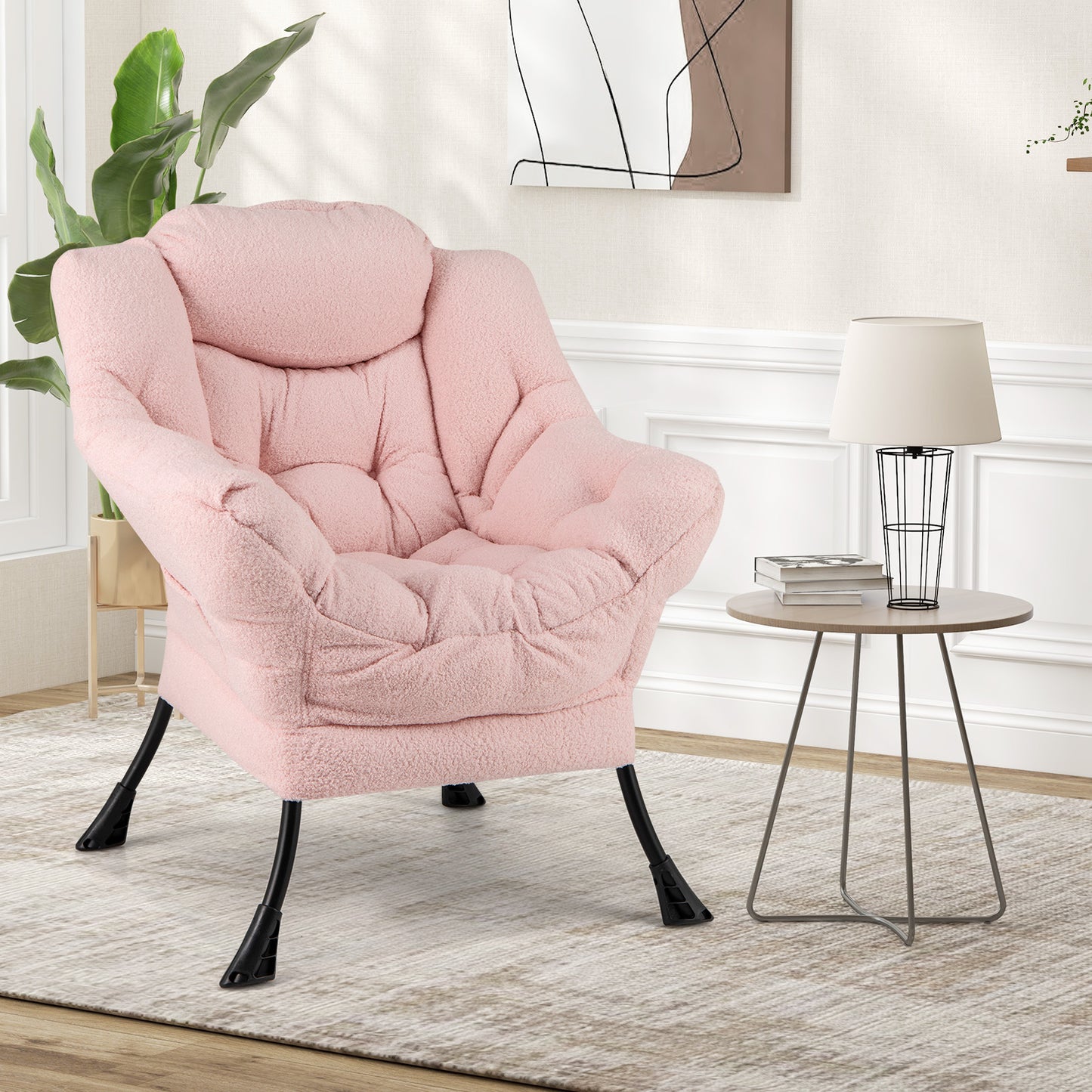 Sherpa Upholstered Accent Chair, Cozy Head Pillow, Pink