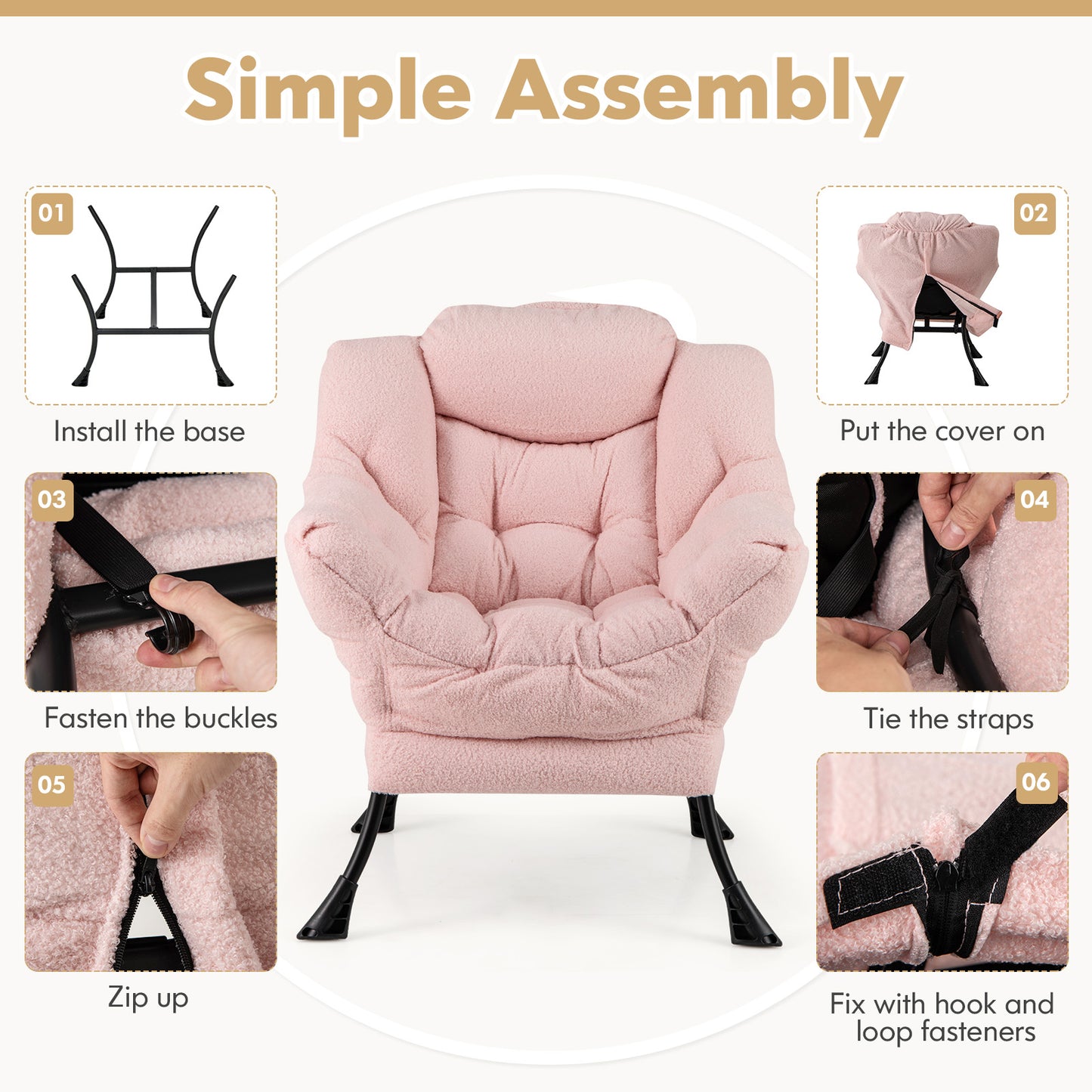 Sherpa Upholstered Accent Chair, Cozy Head Pillow, Pink