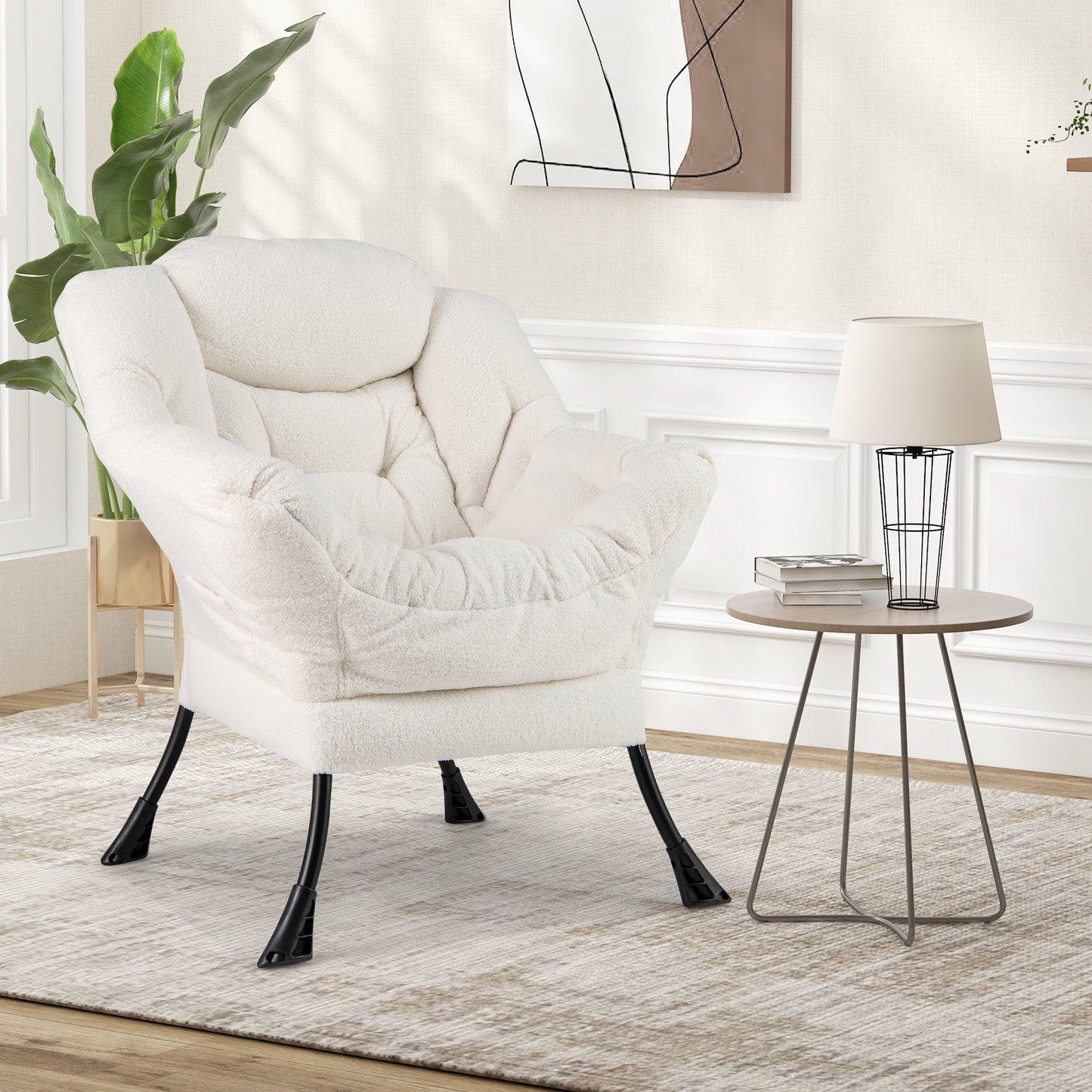 Fauteuil d'appoint rembourré Sherpa avec oreiller de tête confortable, beige