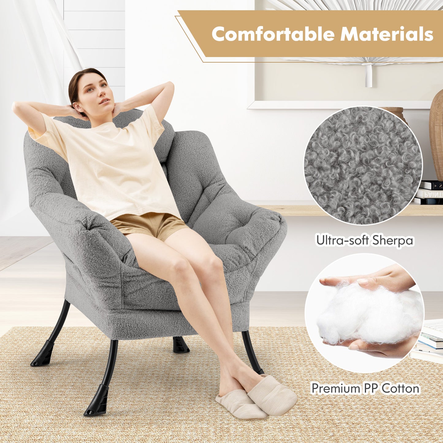 Fauteuil d'appoint rembourré Sherpa avec coussin de tête confortable, gris