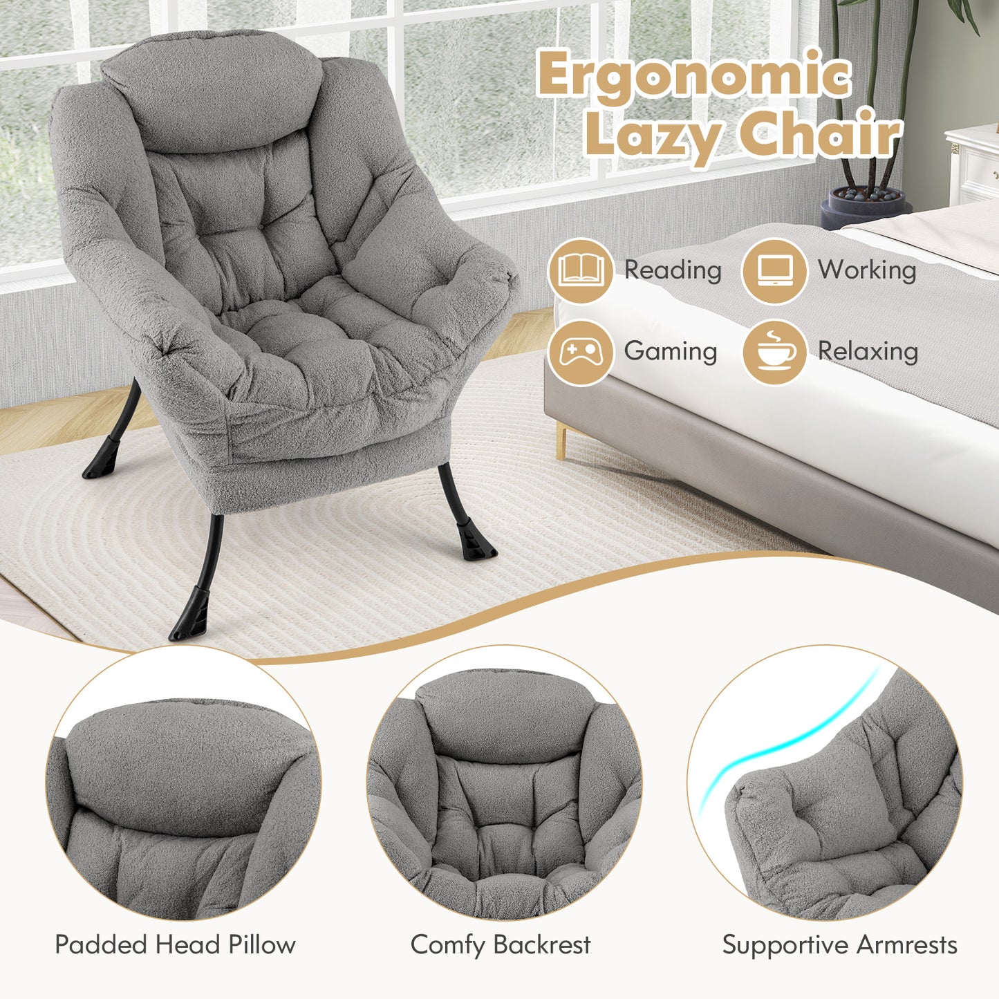 Fauteuil d'appoint rembourré Sherpa avec coussin de tête confortable, gris