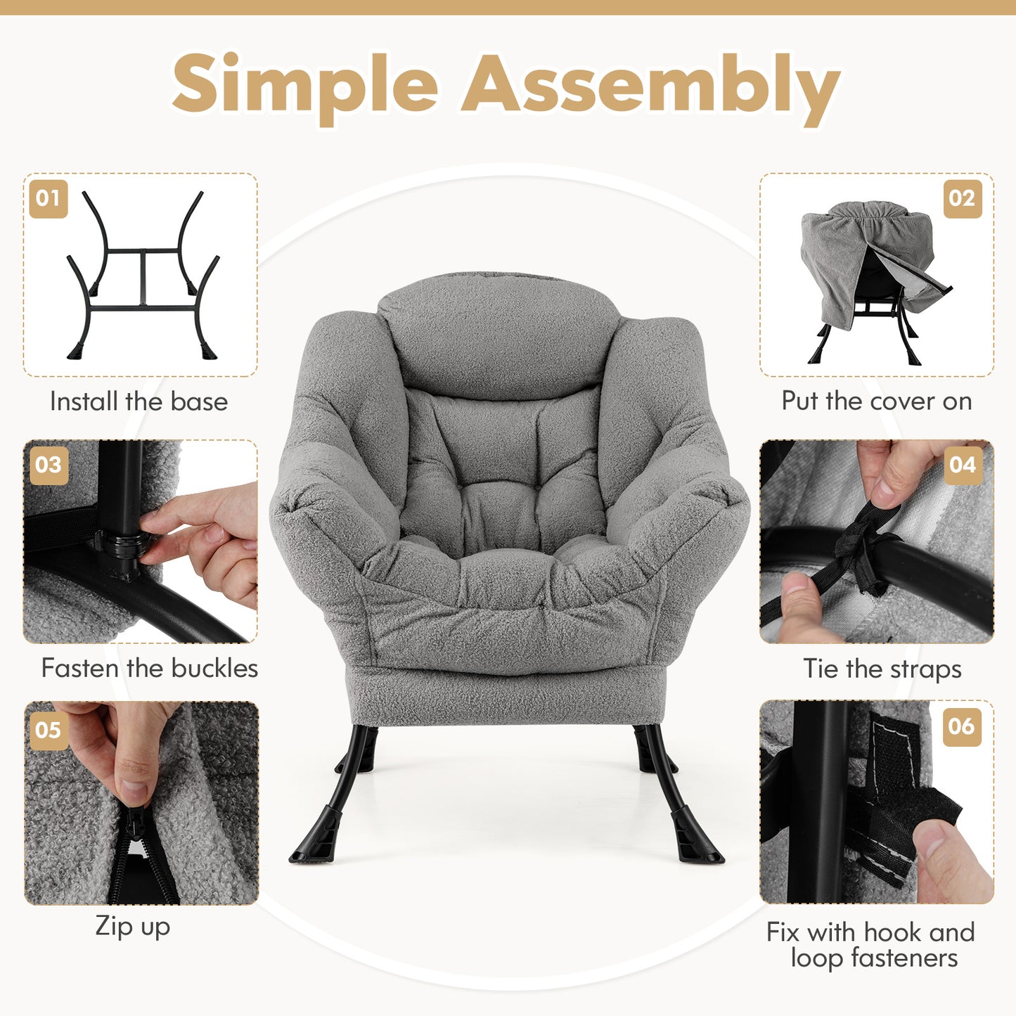 Fauteuil d'appoint rembourré Sherpa avec coussin de tête confortable, gris