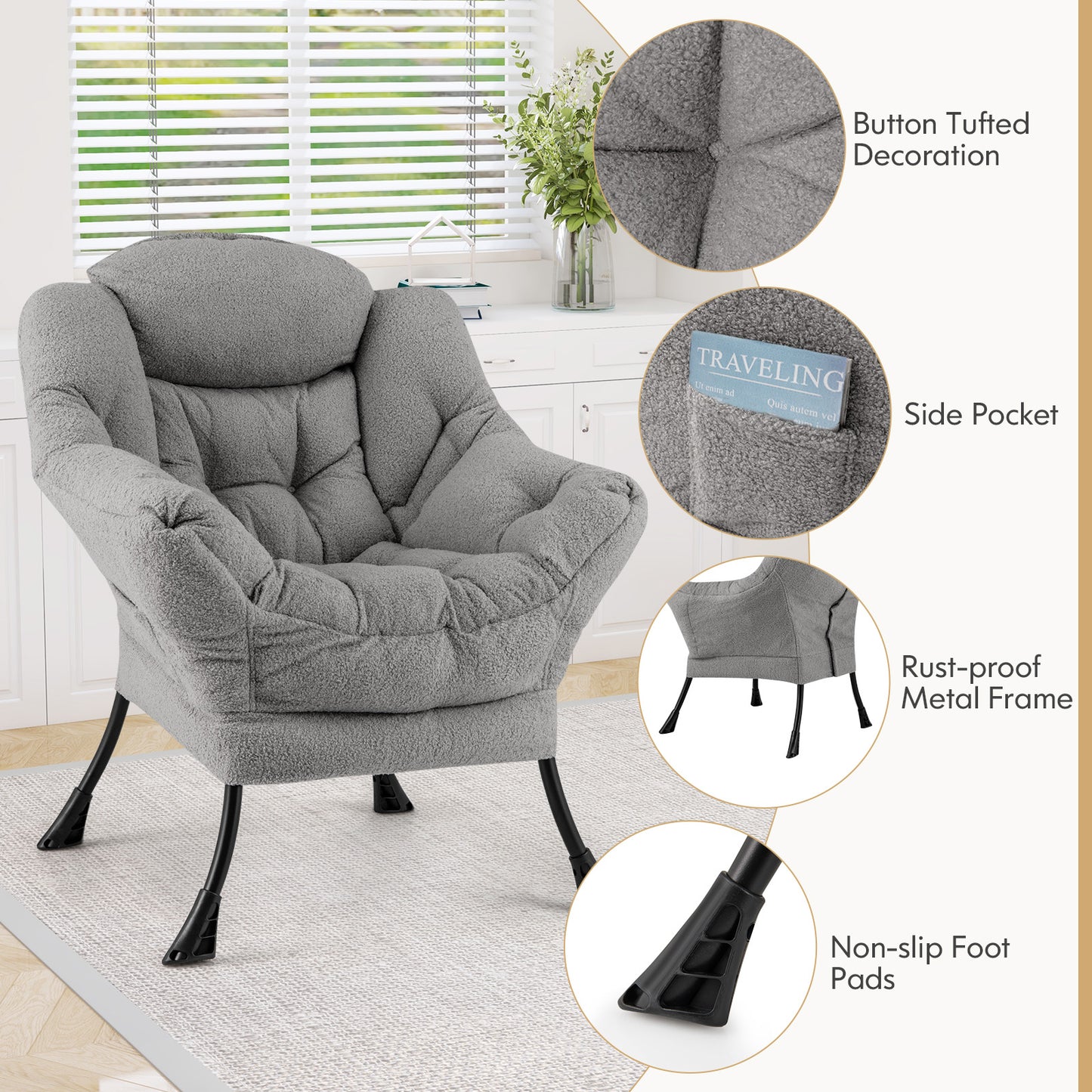 Fauteuil d'appoint rembourré Sherpa avec coussin de tête confortable, gris