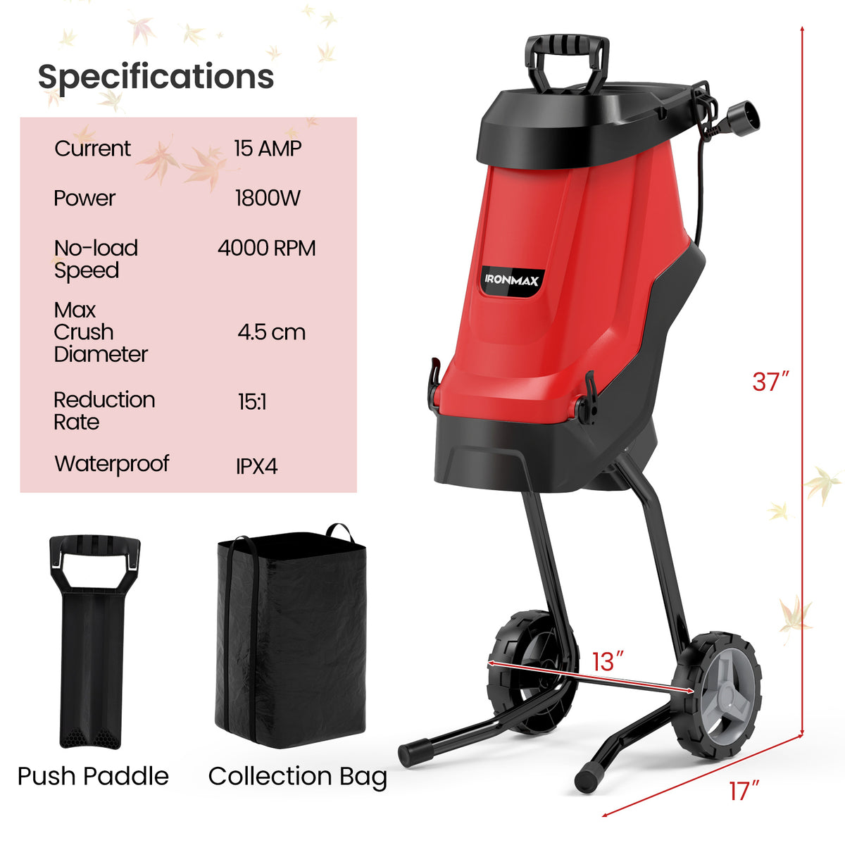 15-Amp Electric Wood Chipper, Shredder, Leaf Mulcher With Wheels, Red Lawn Care Tools at Gallery Canada