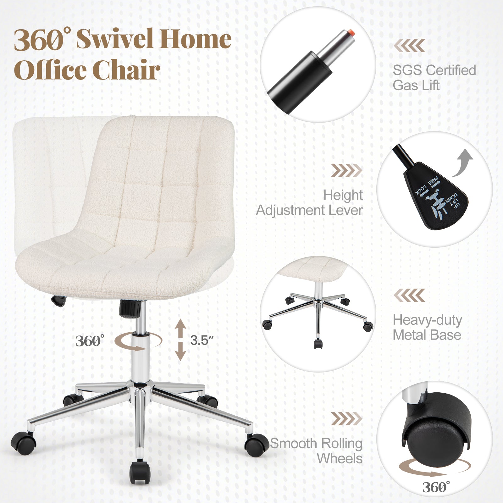 Teddy Fleece Armless Office Chair, White Armless Chairs at Gallery Canada