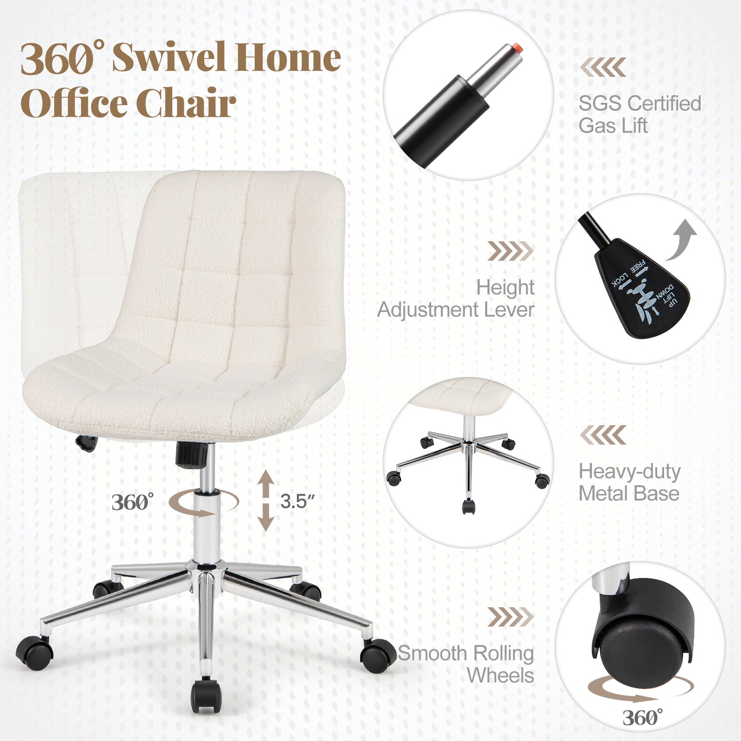 Teddy Fleece Armless Office Chair, White Armless Chairs at Gallery Canada