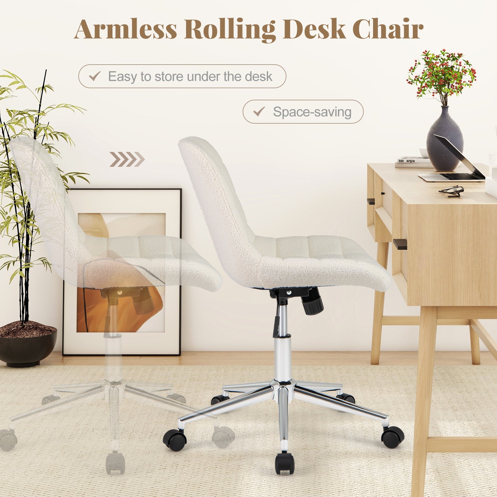 Teddy Fleece Armless Office Chair, White Armless Chairs at Gallery Canada
