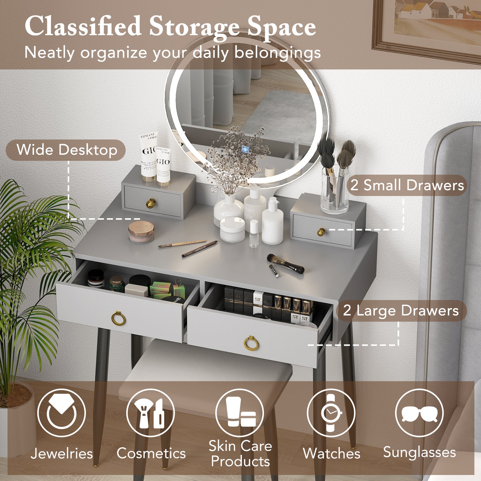 Vanity Table Set With Mirror, Gray Makeup Vanities at Gallery Canada