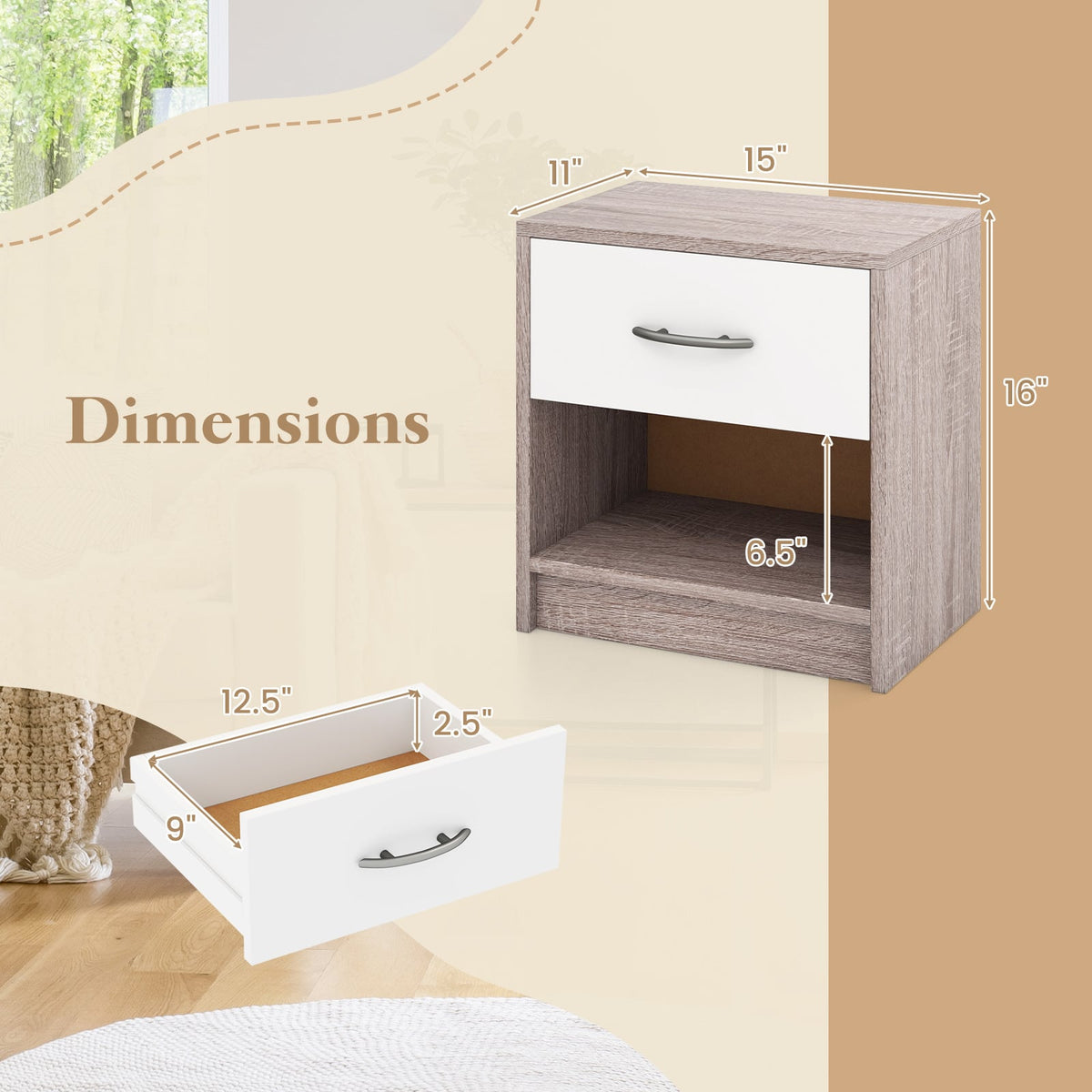 Bedside Table Nightstand, With Drawer And Shelf, Light Gray Nightstands at Gallery Canada