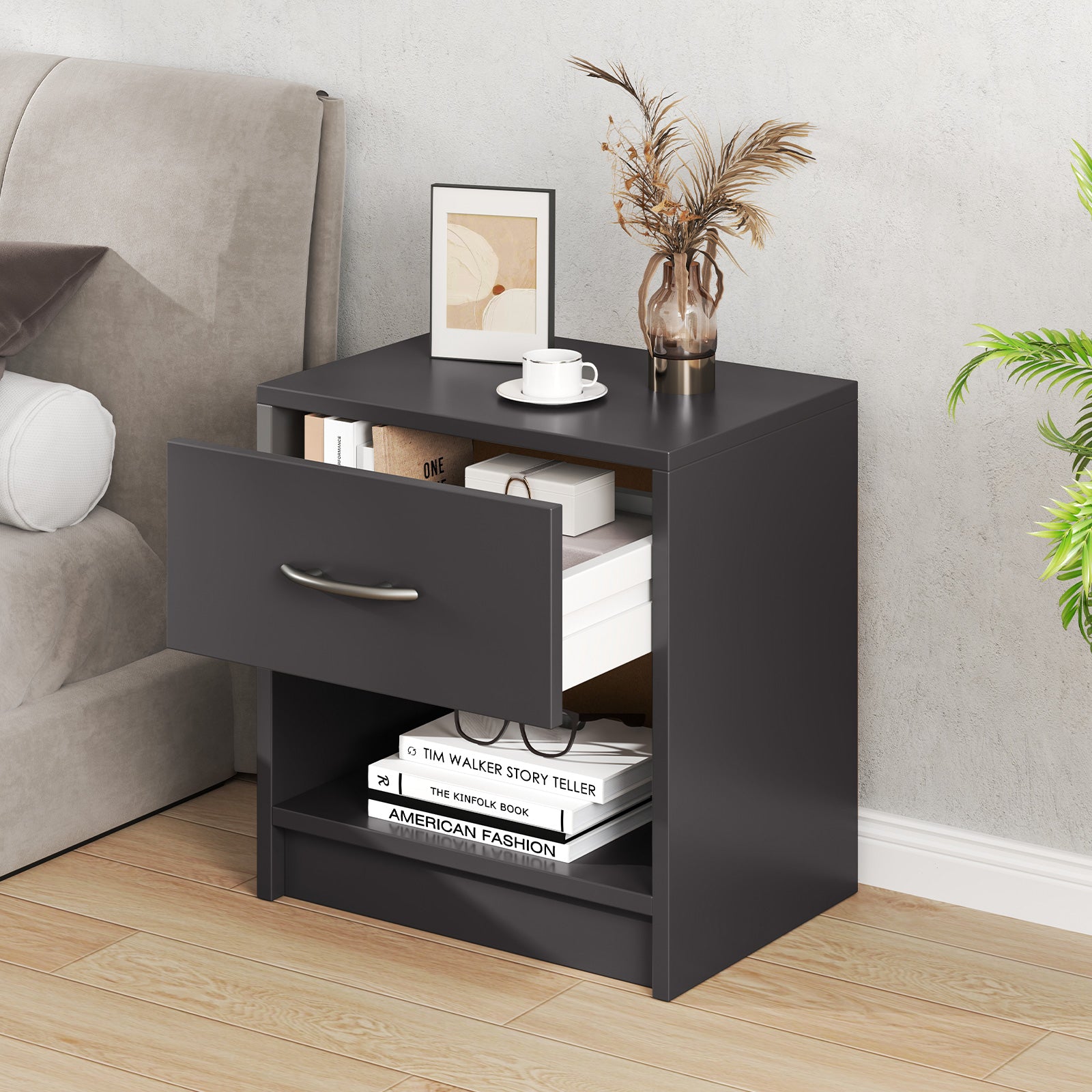 Bedside Table Nightstand, With Drawer And Shelf, Gray Nightstands at Gallery Canada