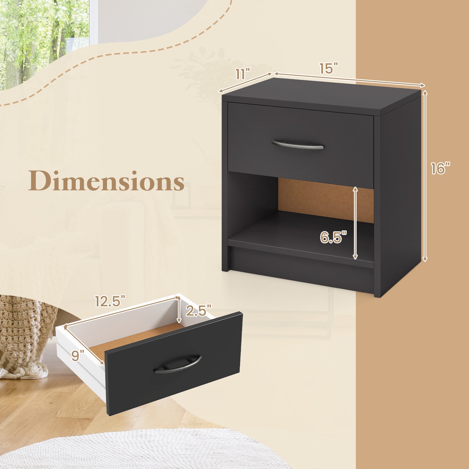 Bedside Table Nightstand, With Drawer And Shelf, Gray Nightstands at Gallery Canada