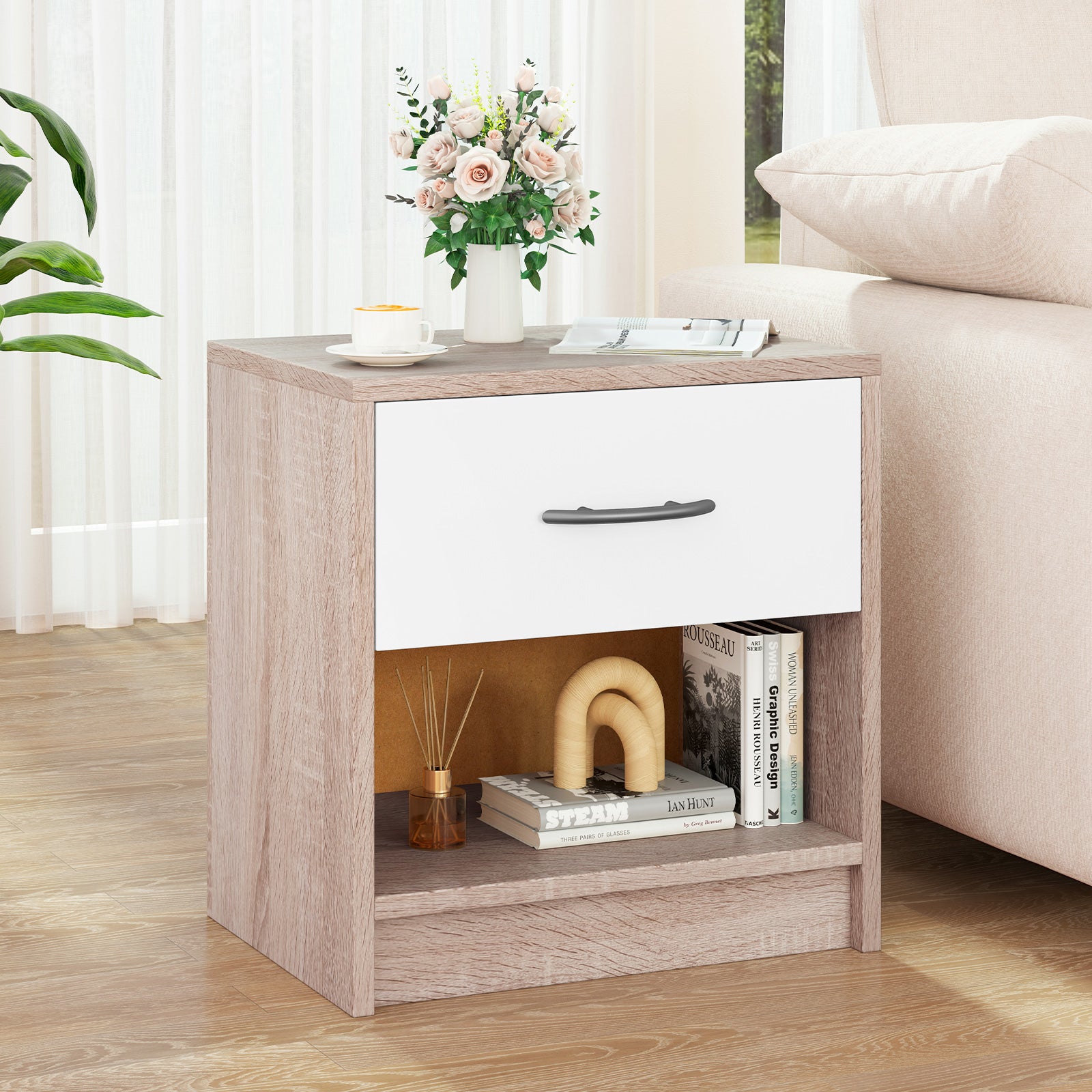 Bedside Table Nightstand, Drawer And Open Storage Shelf Nightstands at Gallery Canada