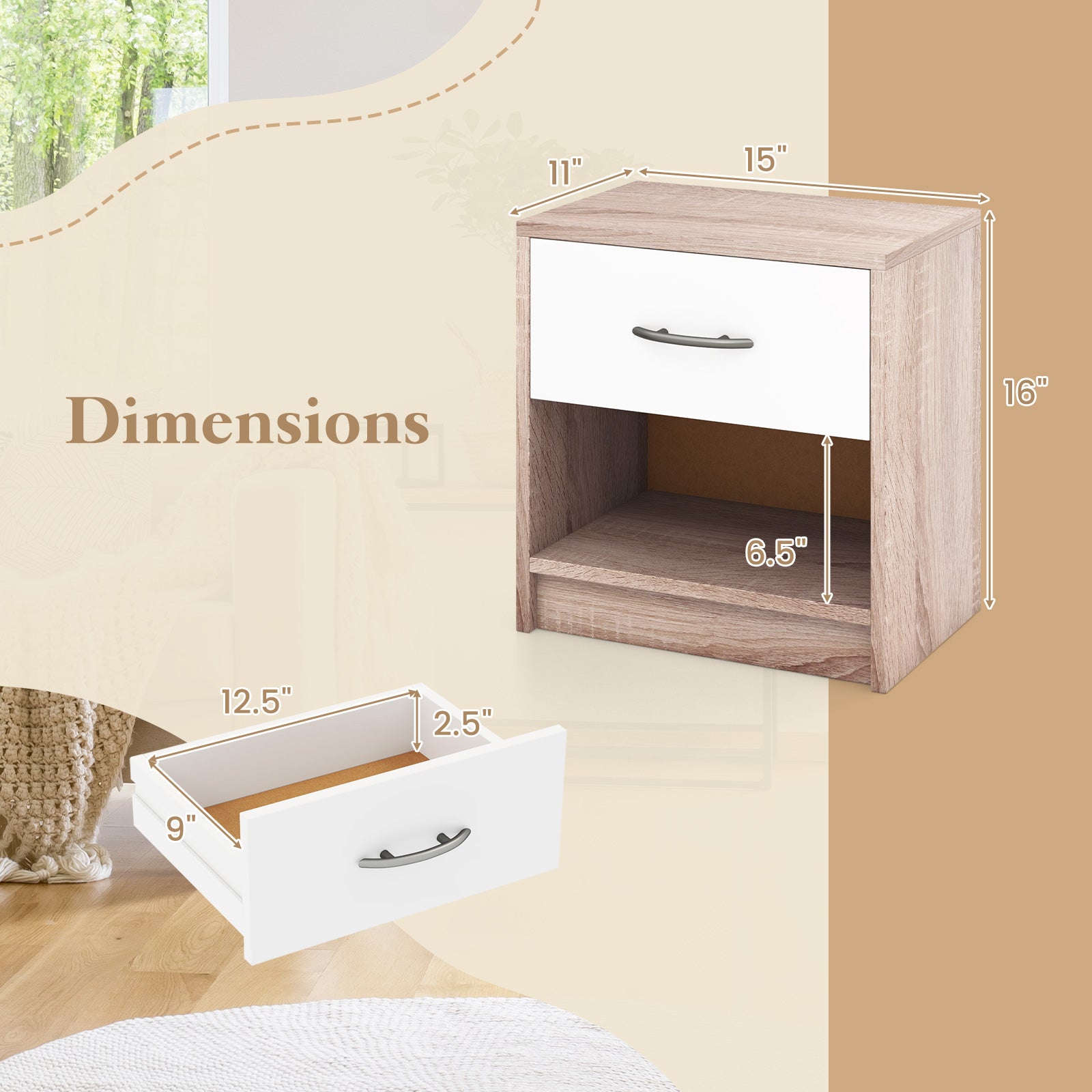 Bedside Table Nightstand, Drawer And Open Storage Shelf Nightstands at Gallery Canada