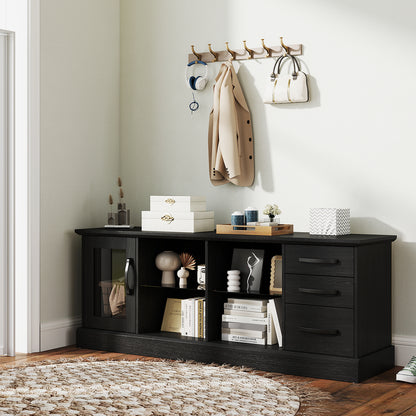63 Inch Media Console Table, 3 Drawers, 2 Glass Shelves, Black Entertainment Centers & TV Stands at Gallery Canada