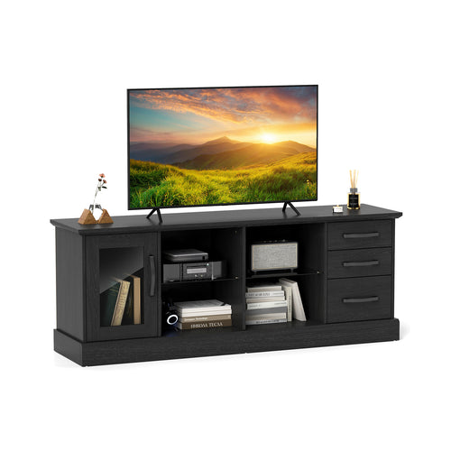 63 Inch Media Console Table, 3 Drawers, 2 Glass Shelves, Black