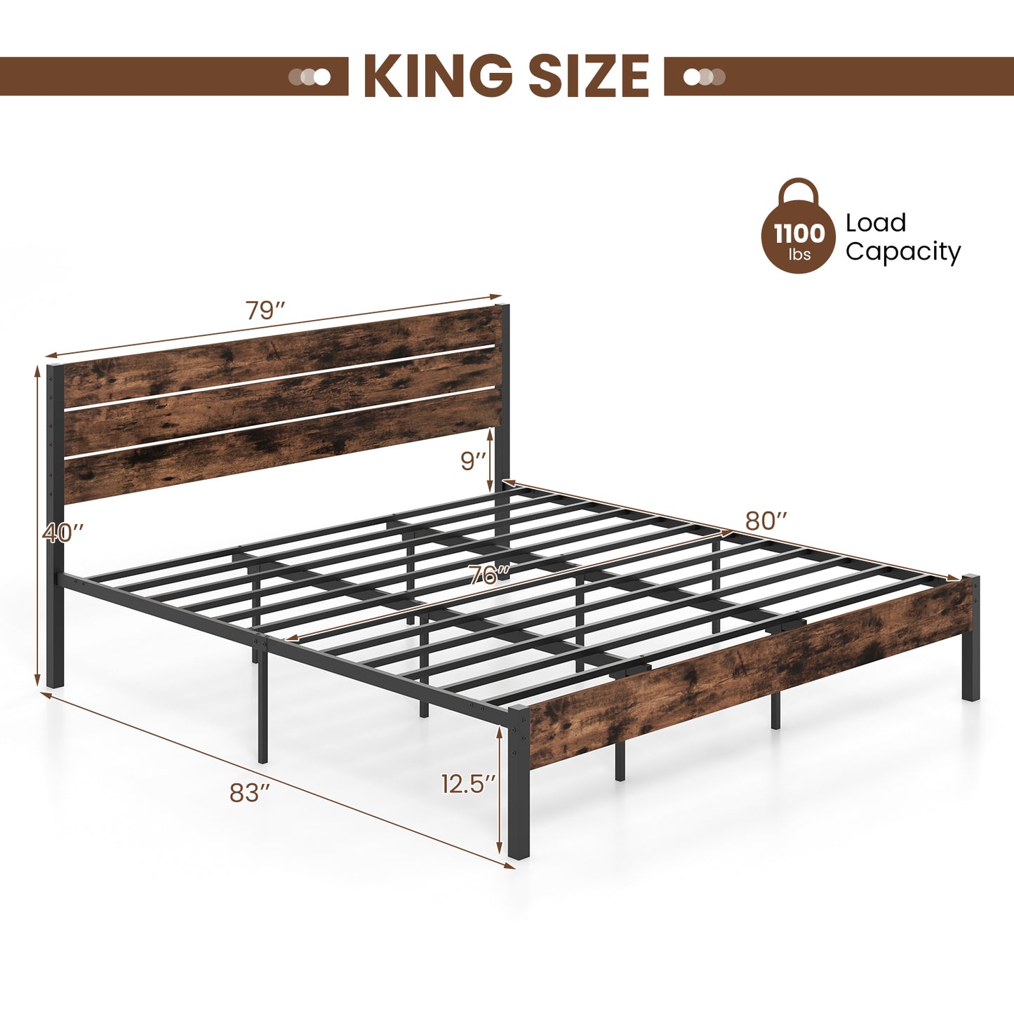 King Size Bed Frame, High Headboard, Mute Bar, Rustic Brown Simple Bed Frame at Gallery Canada