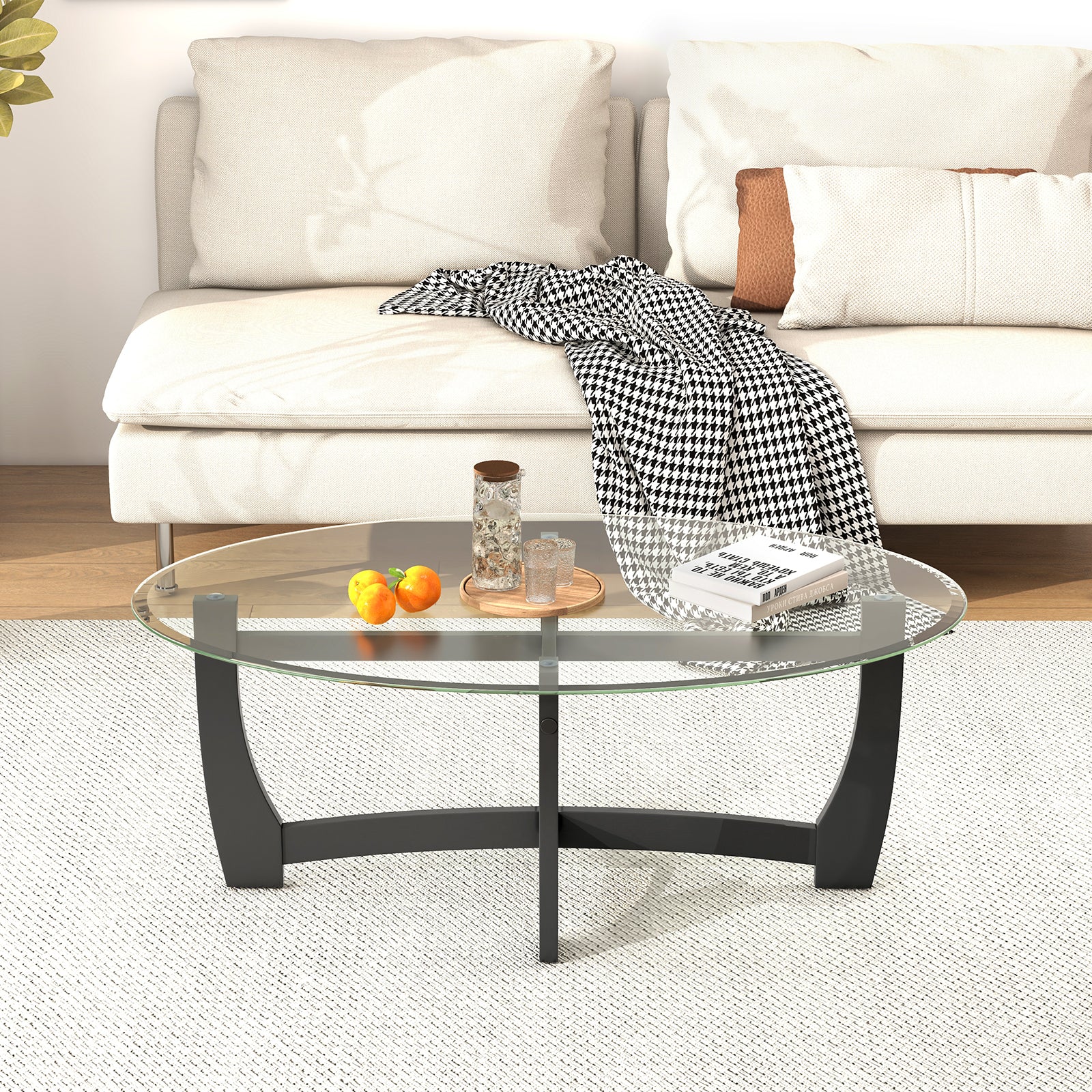 Oval Coffee Table, Tempered Glass Top, Rubber Wood Legs, Black Coffee Tables at Gallery Canada