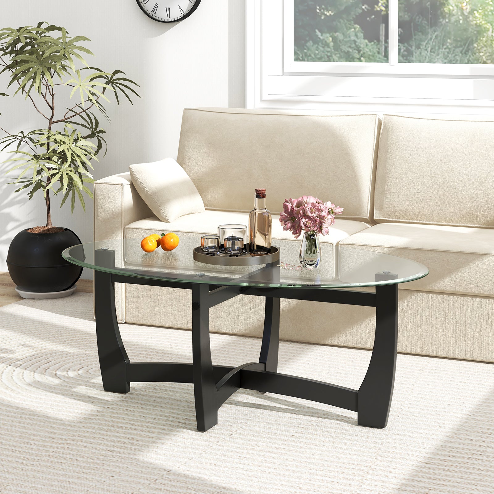 Oval Coffee Table, Tempered Glass Top, Rubber Wood Legs, Black Coffee Tables at Gallery Canada
