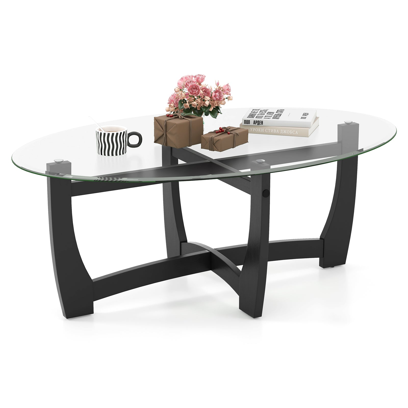Oval Coffee Table, Tempered Glass Top, Rubber Wood Legs, Black Coffee Tables at Gallery Canada