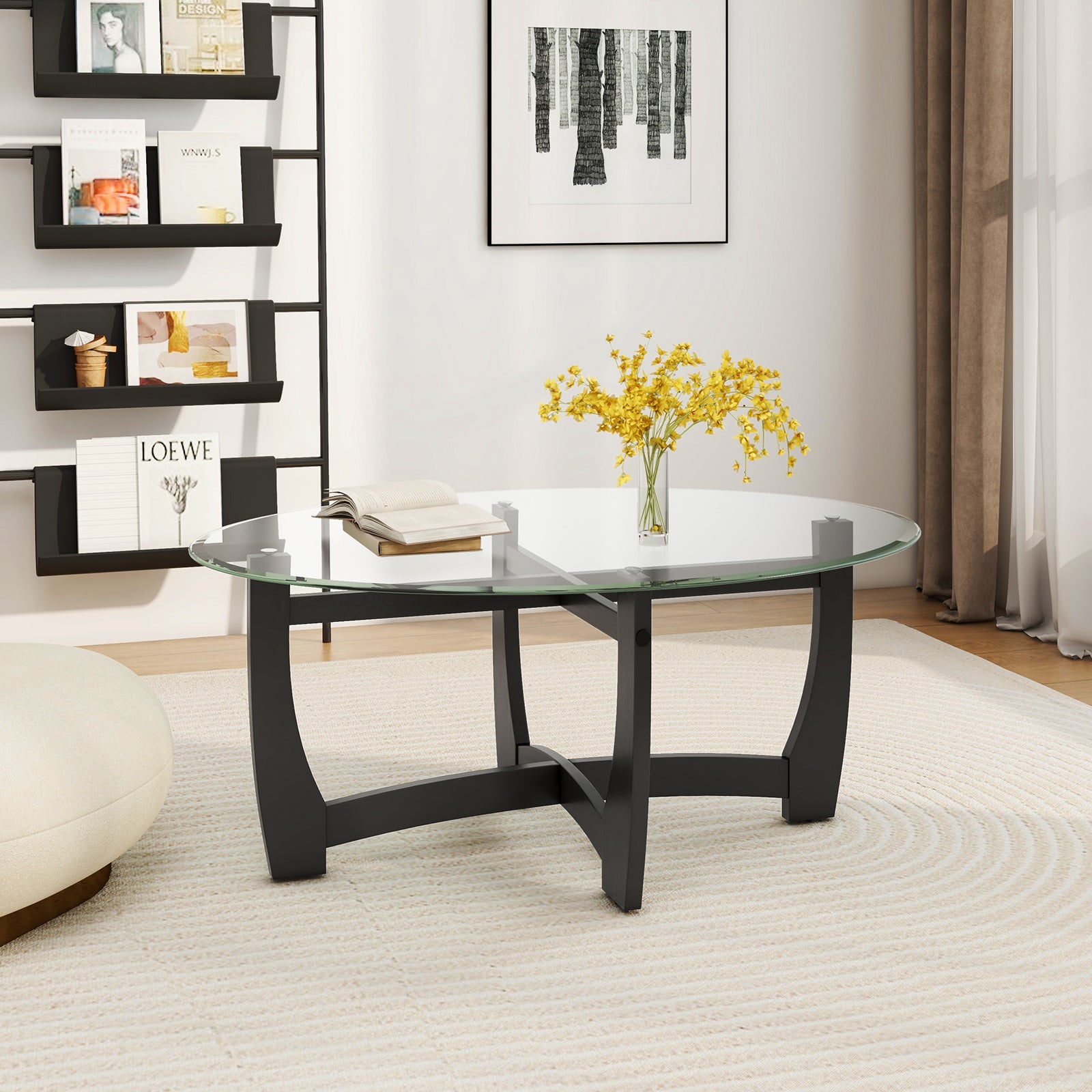 Oval Coffee Table, Tempered Glass Top, Rubber Wood Legs, Black Coffee Tables at Gallery Canada