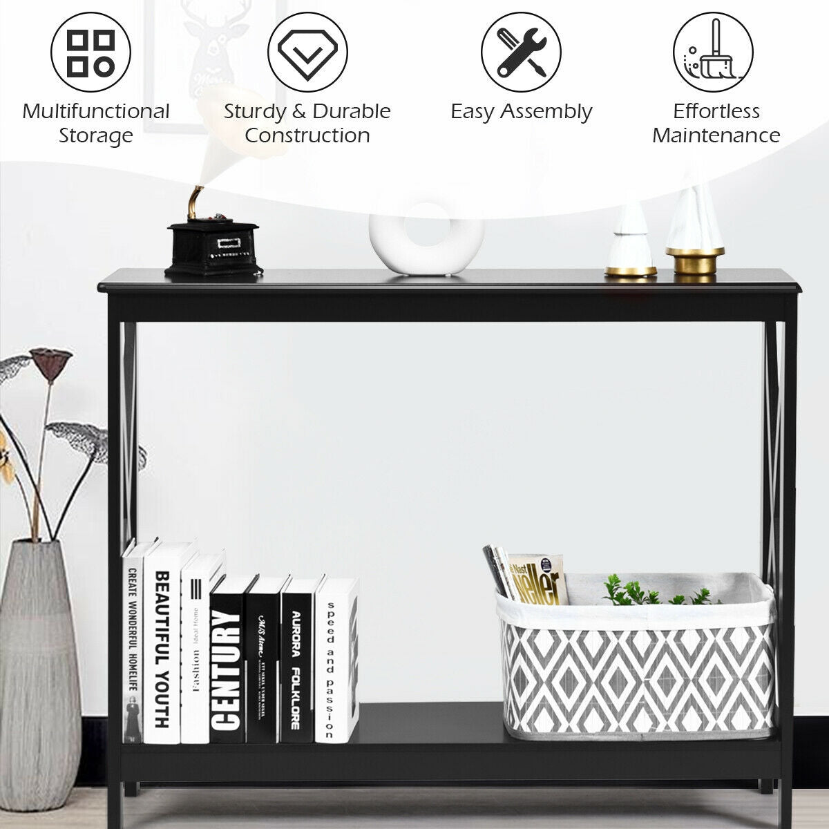 2-Tier Console X-Design Sofa Side Table, Black Console Tables at Gallery Canada